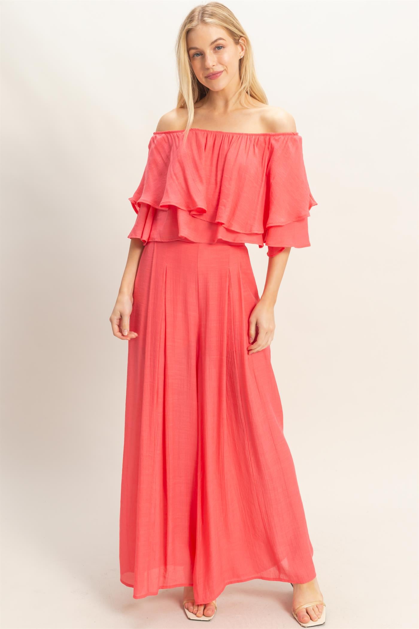 Wholesale Off Shoulder Top & Pleated Pant Set Clothing HF26C291-SET-D CORAL RED HYFVE