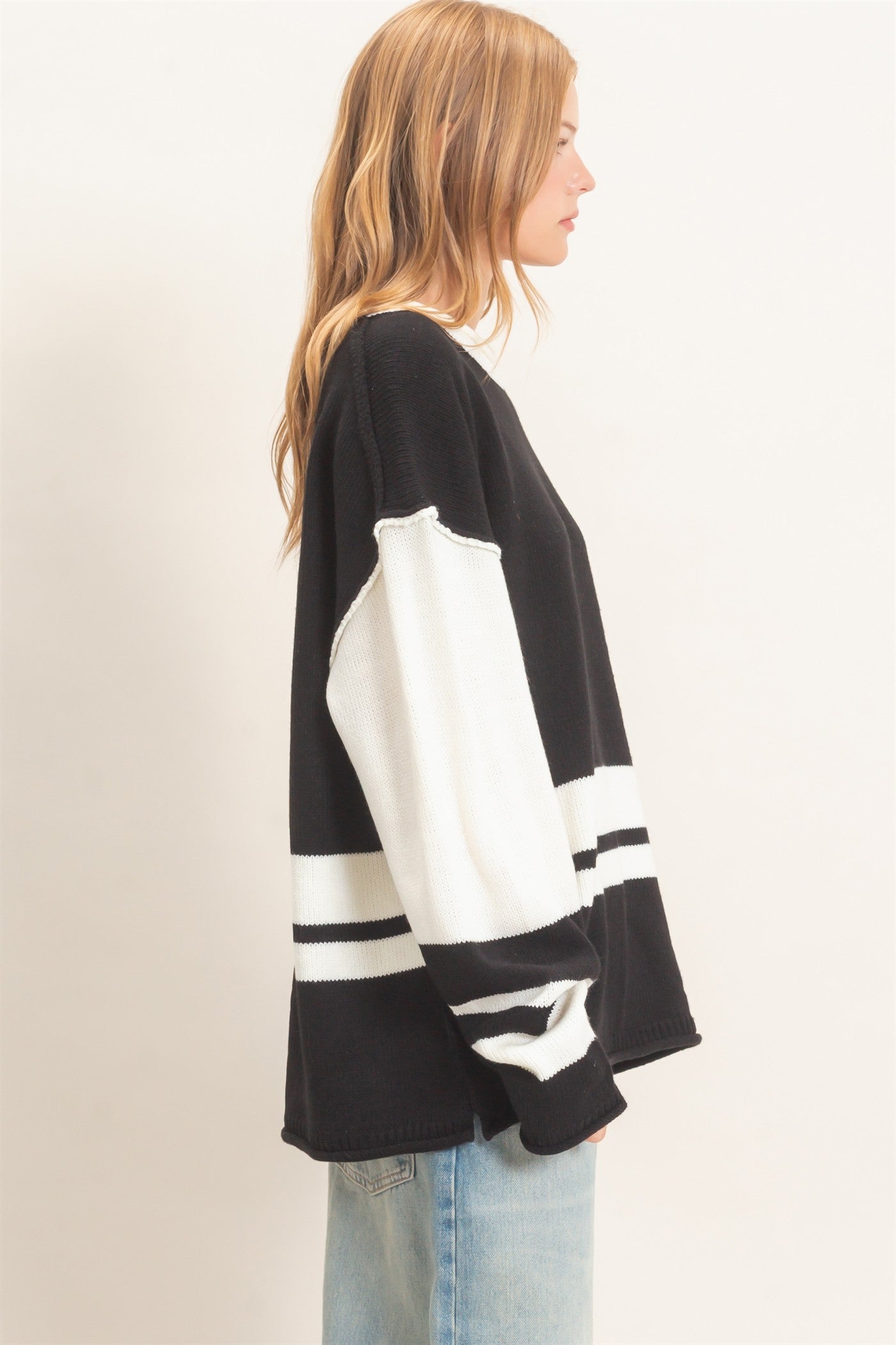 Wholesale Striped Crew Neck Sweater Sweaters HF26E793 BLACK HYFVE