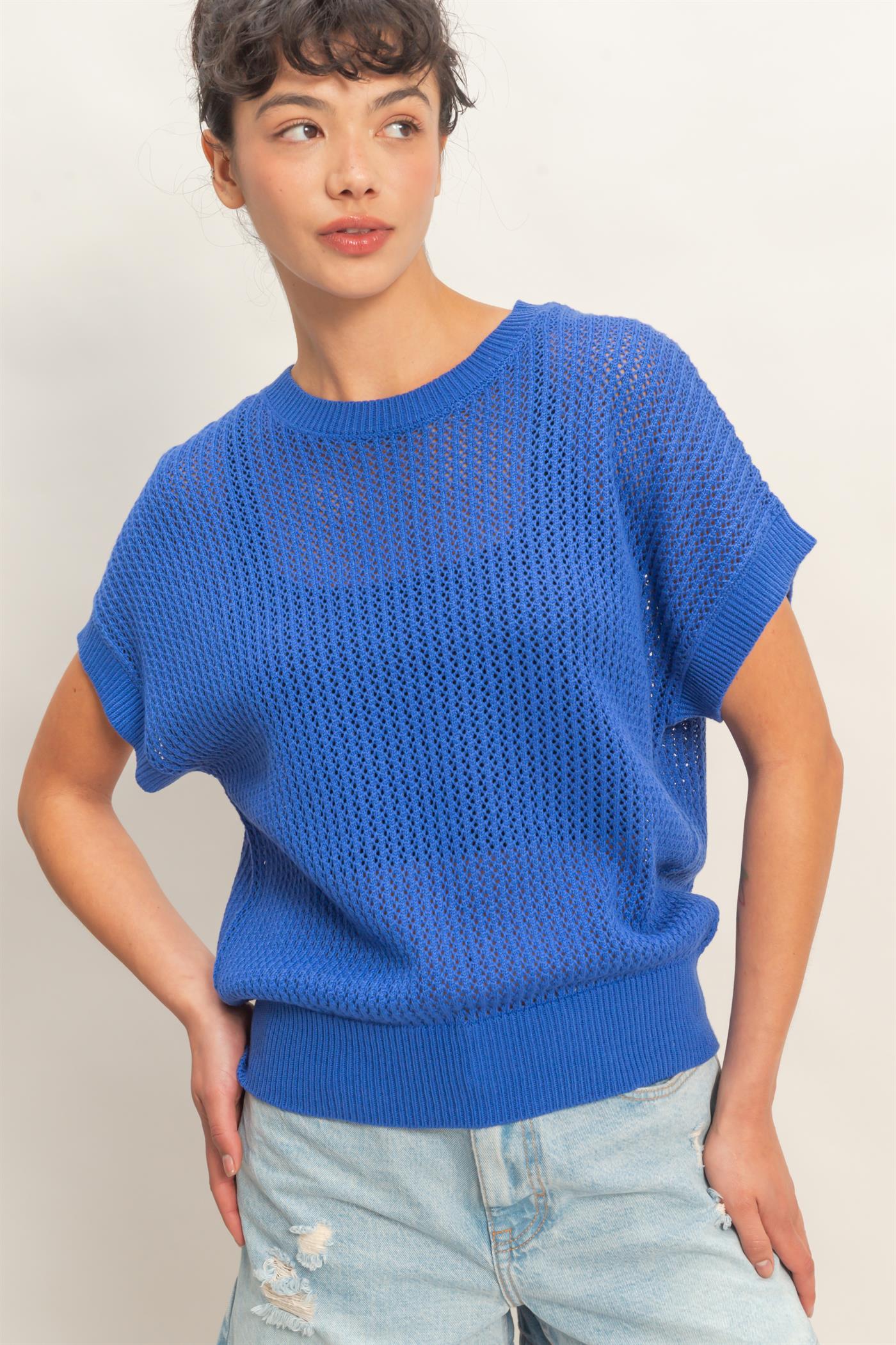 Wholesale Open-Knit Dolman Sleeve Top Clothing Tops DZ26A334 COBALT DOUBLE ZERO