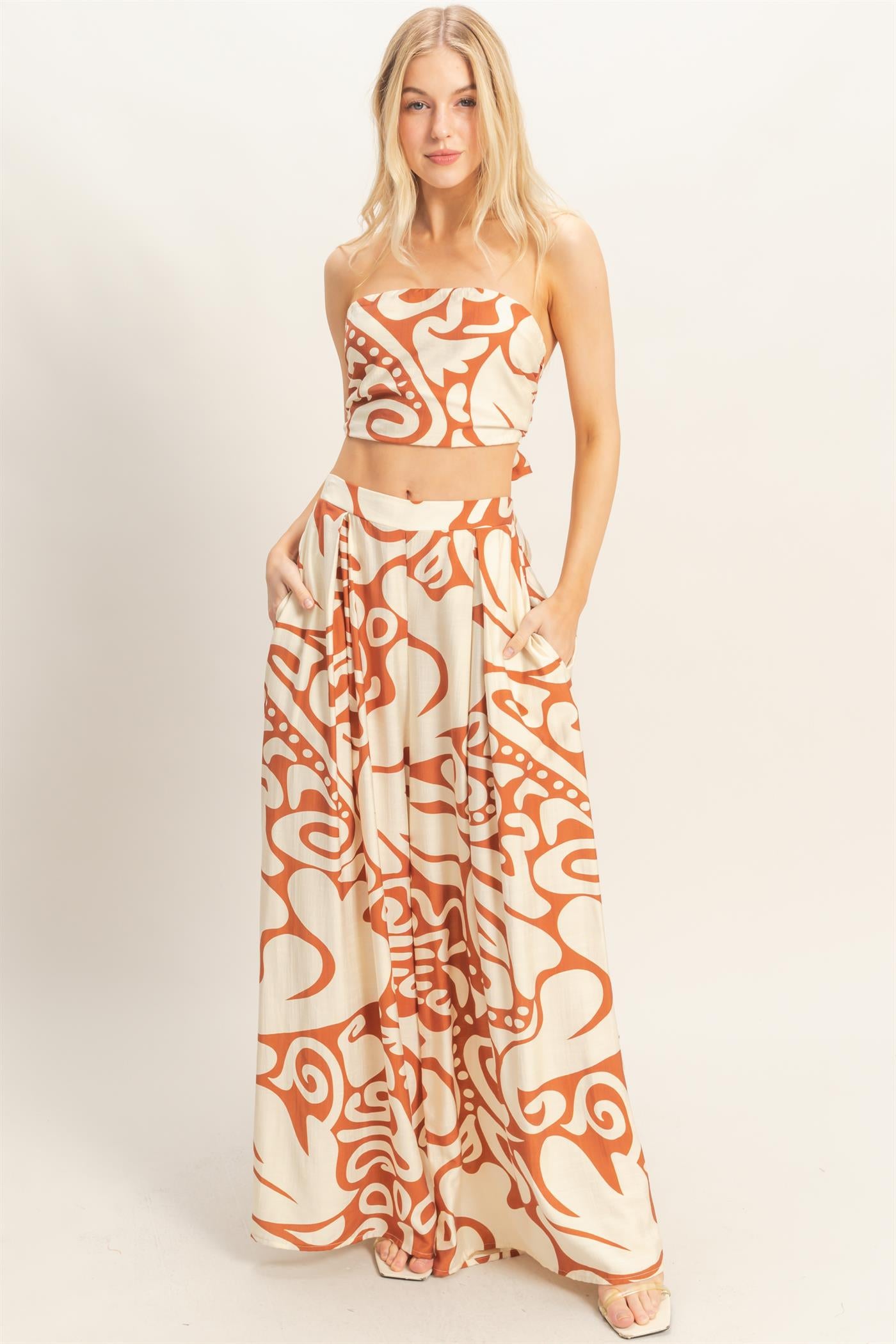 Wholesale Strapless Top & Wide Leg Pants Set Clothing HF26A344-SET-D BROWN HYFVE