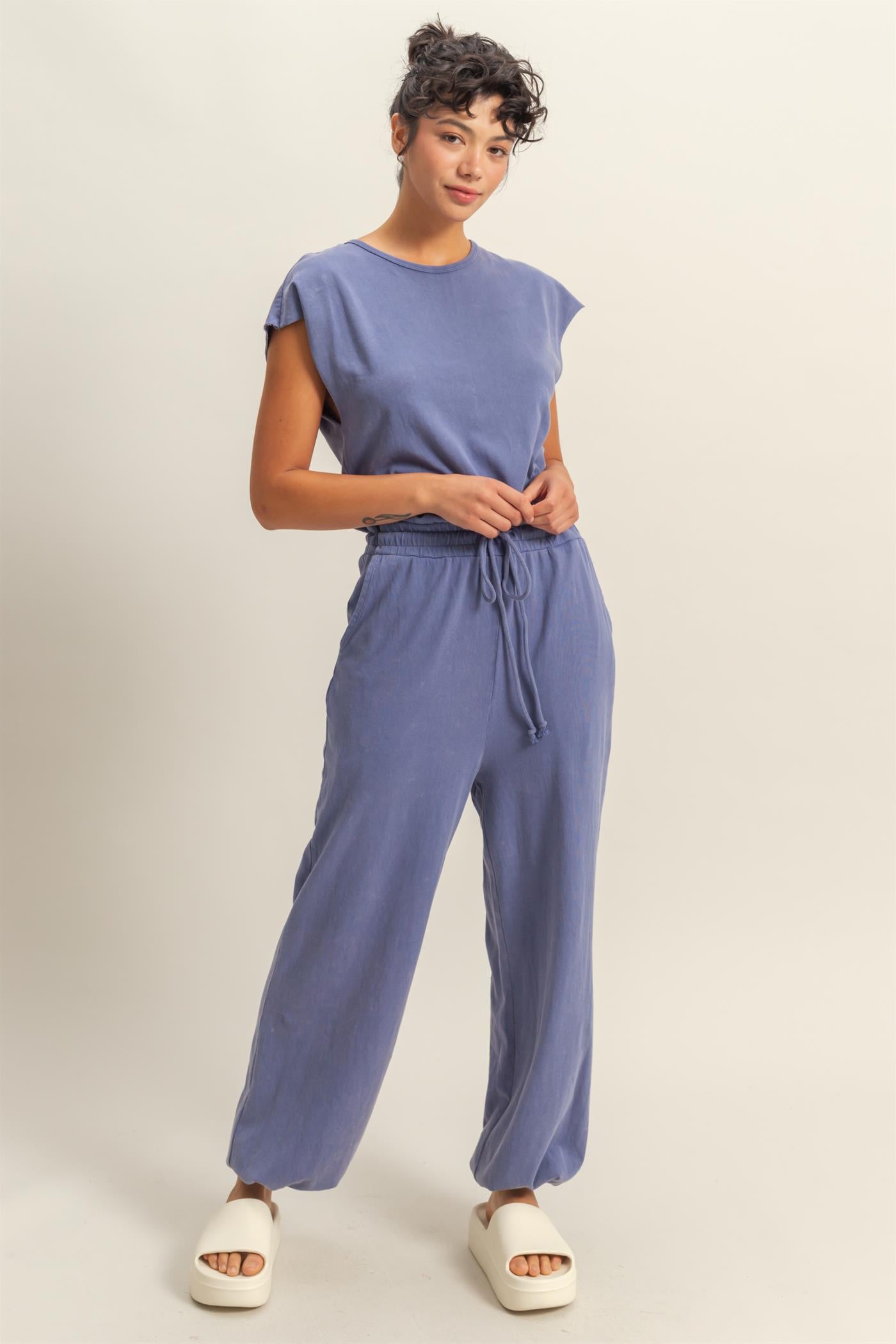 Wholesale Short Sleeve Casual Jumpsuit Clothing DZ24C619 DUSTY INDIGO DOUBLE ZERO