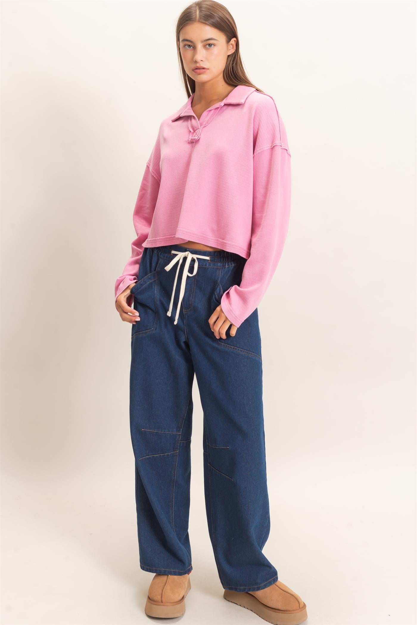 Wholesale Mineral Wash Textured Collar Top Polos DZ26E814 PINK DOUBLE ZERO