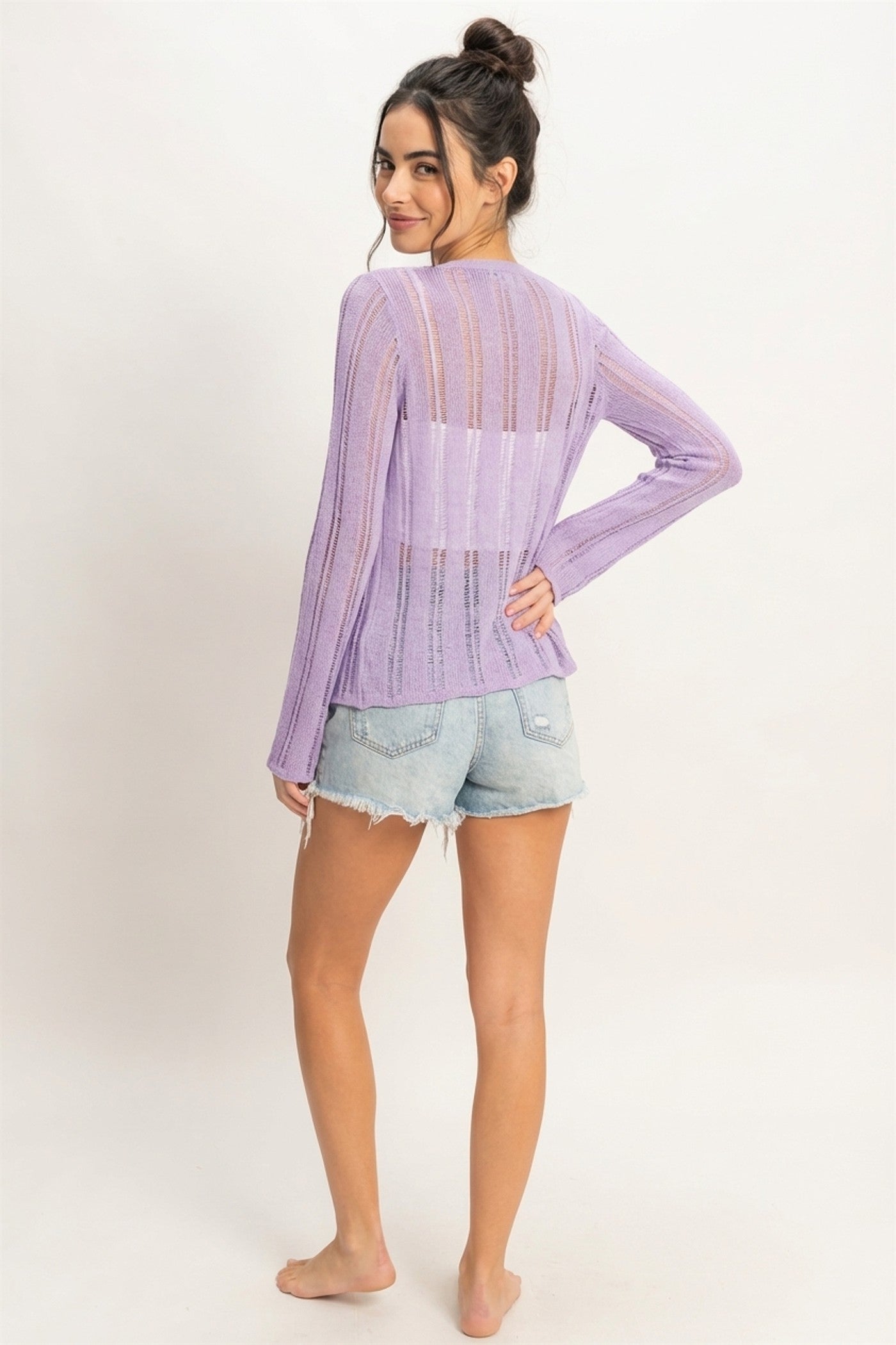 Wholesale Open Knit Cardigan Clothing Tops DZ24A501 LAVENDER DOUBLE ZERO