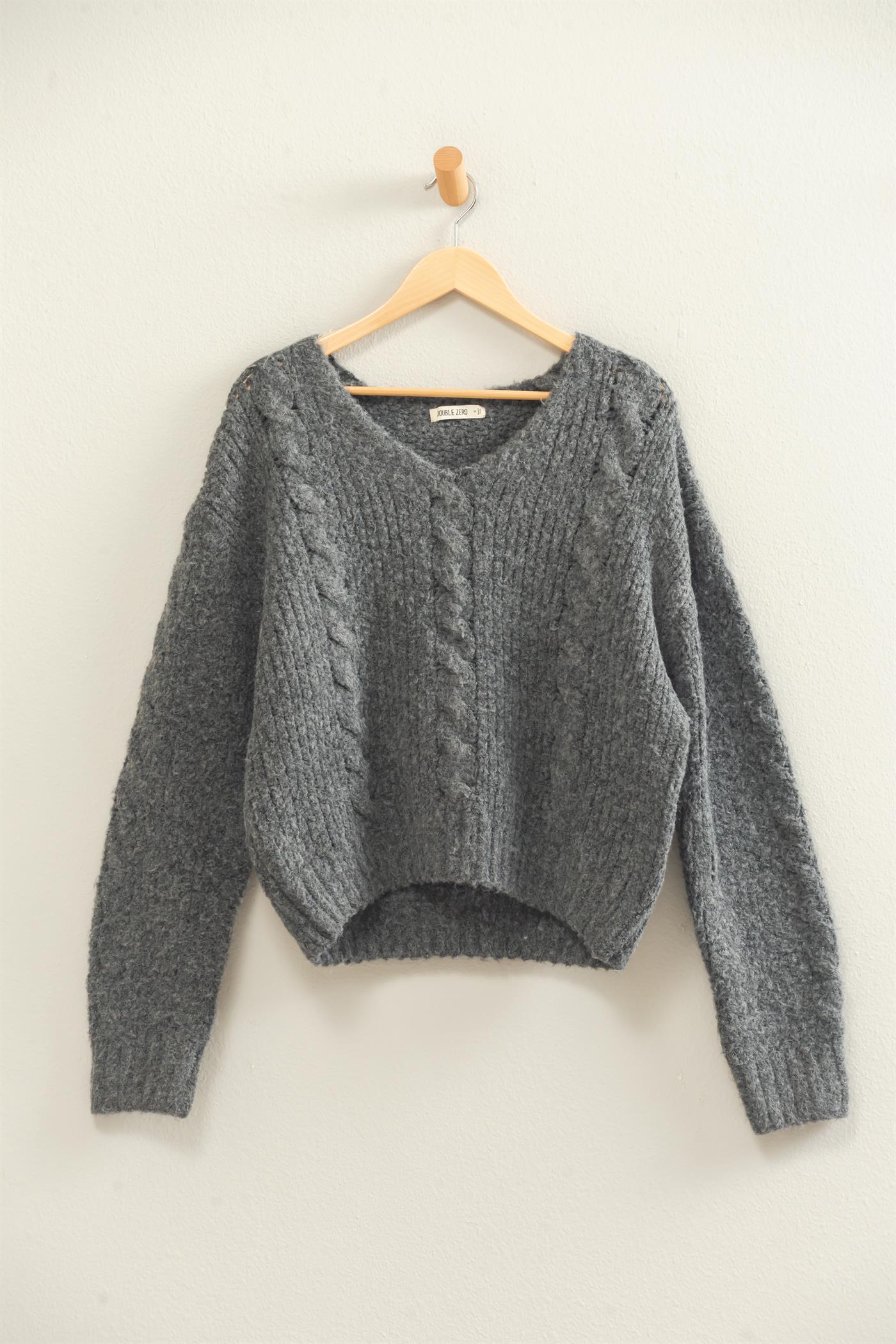 Wholesale Cable Knit V-Neck Sweater Sweaters DZ26E107 CHARCOAL DOUBLE ZERO