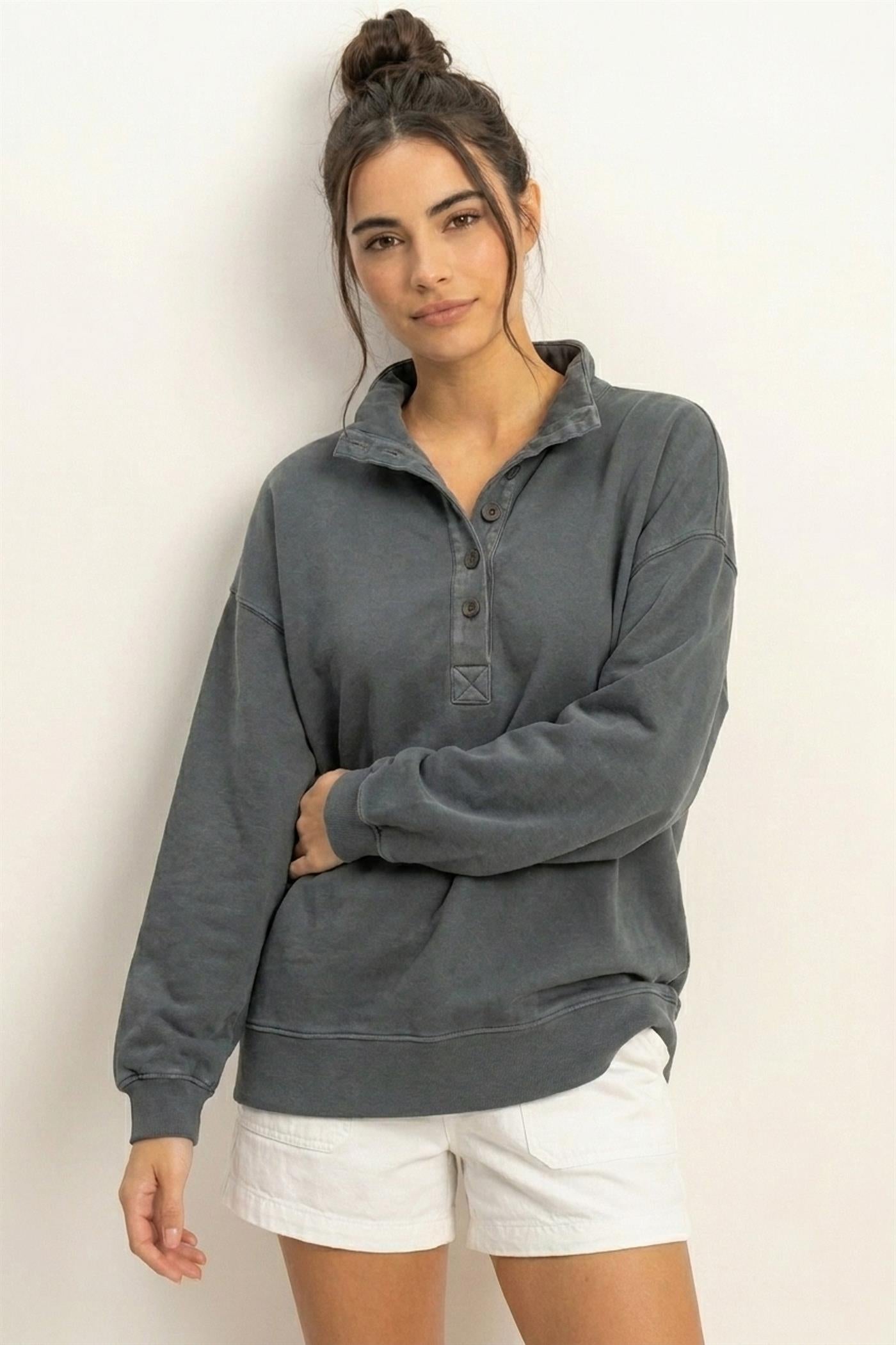 Wholesale Mineral Wash Button Front Sweatshirt Sweatshirts DZ26C909 DARK GRAY DOUBLE ZERO