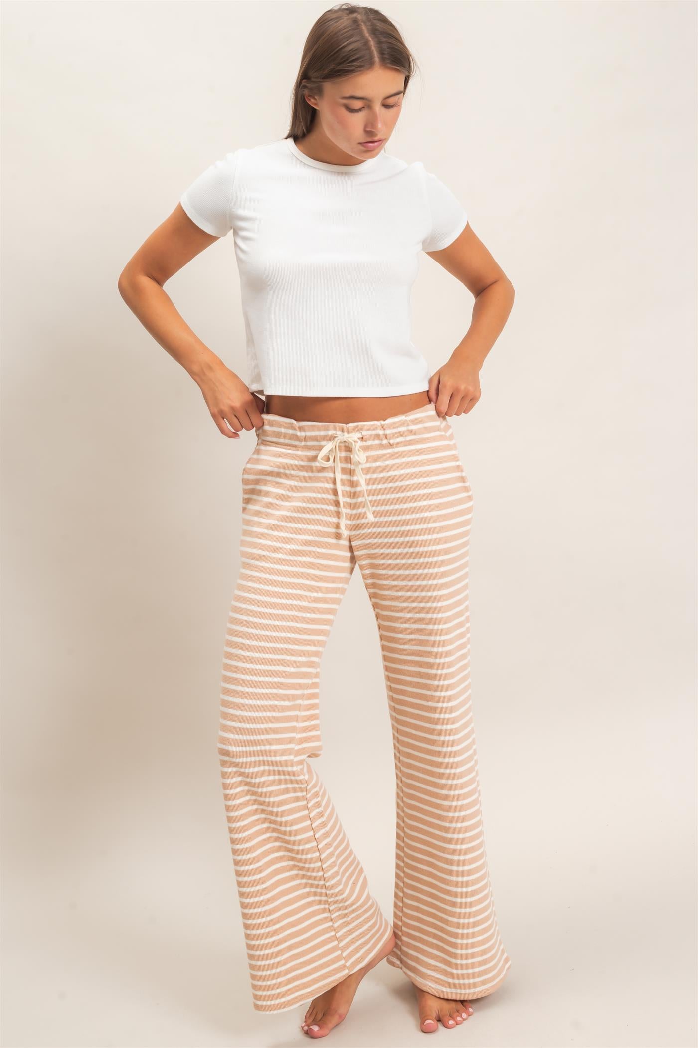 Wholesale Low Rise Striped Waffle Knit Pants Pants DZ26E553 SAND DOUBLE ZERO