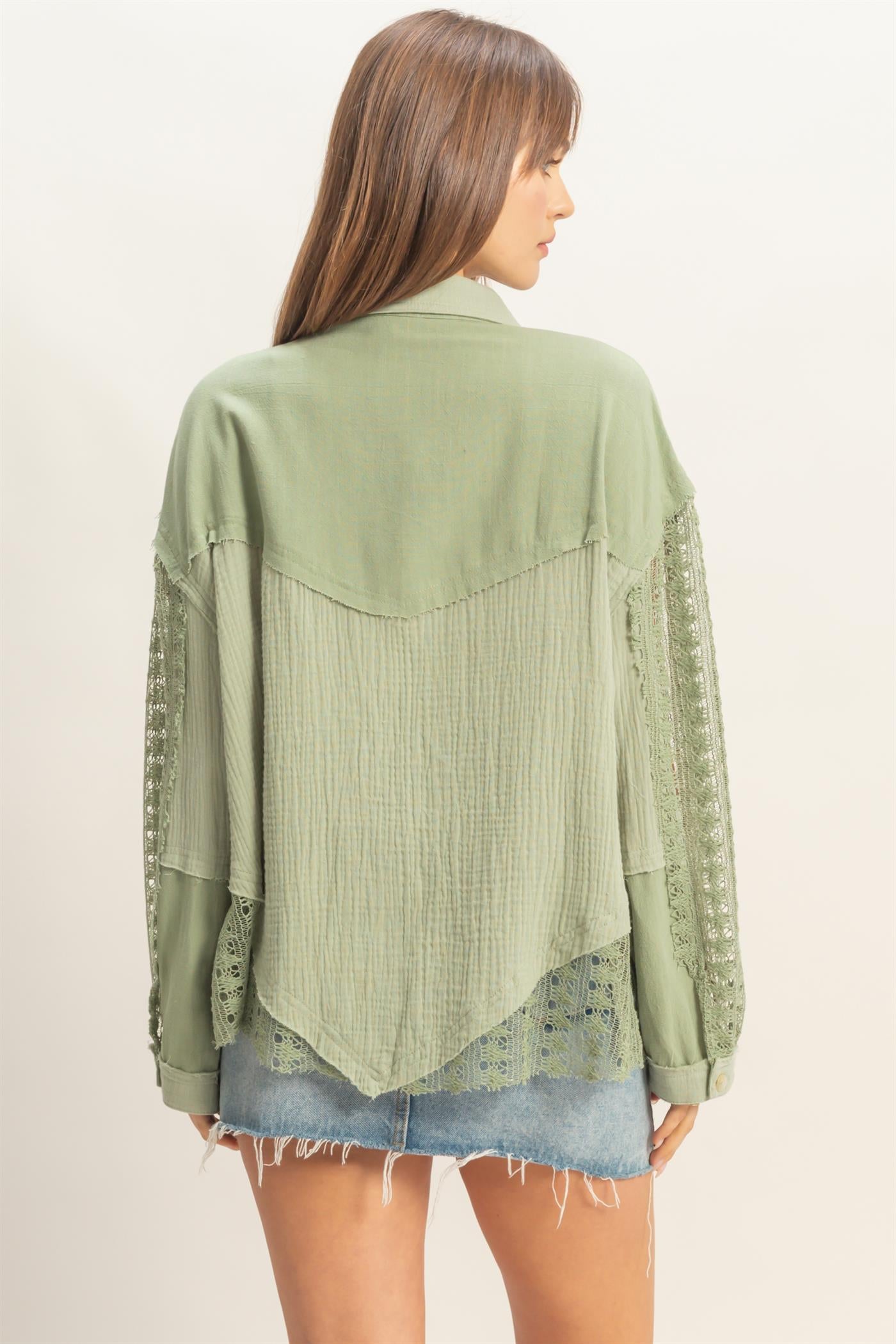 Wholesale Lace Panel Button-Up Shirt Shirts HF26C315 LIGHT OLIVE HYFVE