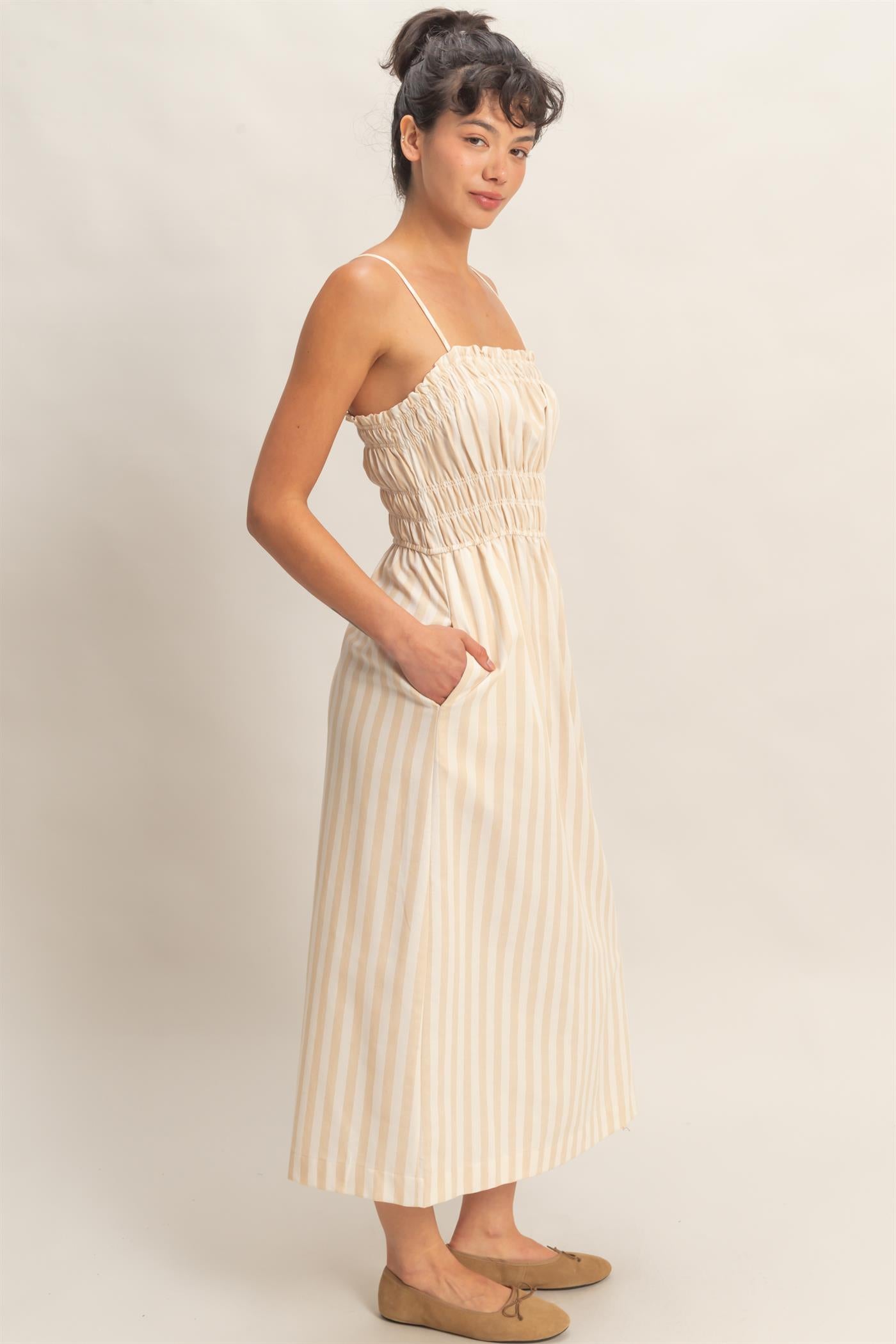 Wholesale Striped Spaghetti Strap Smocking Midi Dress Dresses DZ26C191 TAUPE DOUBLE ZERO