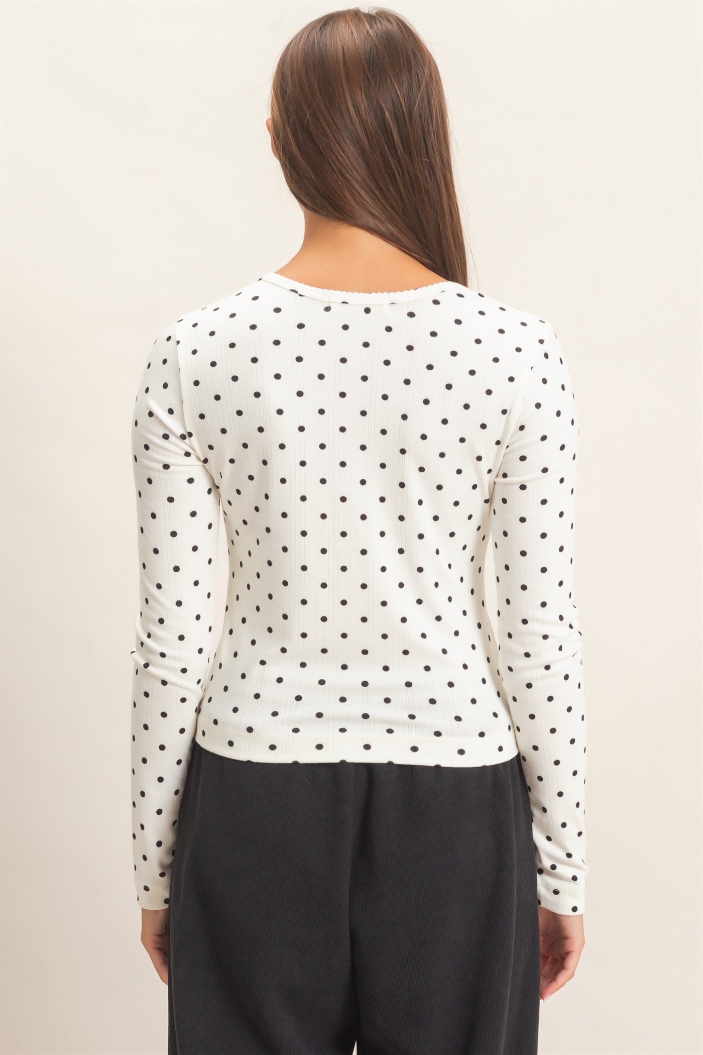Wholesale Polka Dot Button Front Long Sleeve Top Clothing Tops DZ27A156 CREAM DOUBLE ZERO