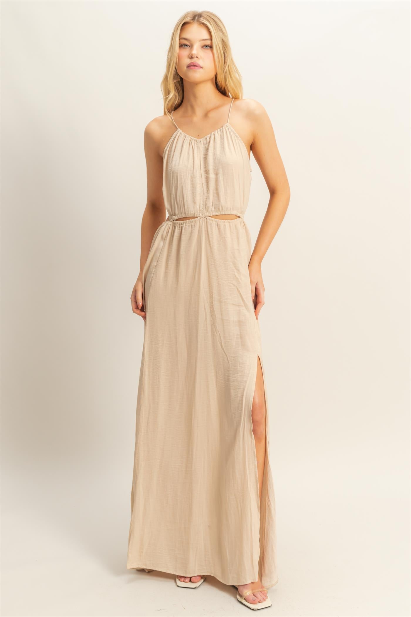 Wholesale Side Cutout Side Slit Maxi Dress Dresses HF25E129 L.SAND HYFVE