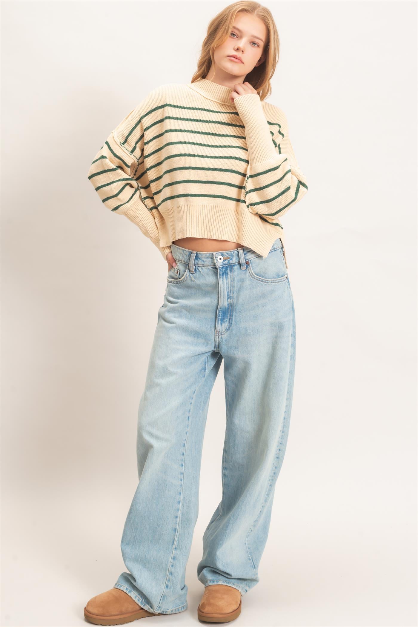 Wholesale Striped Mock Neck Cropped Sweater Sweaters HF26F192 GREEN HYFVE