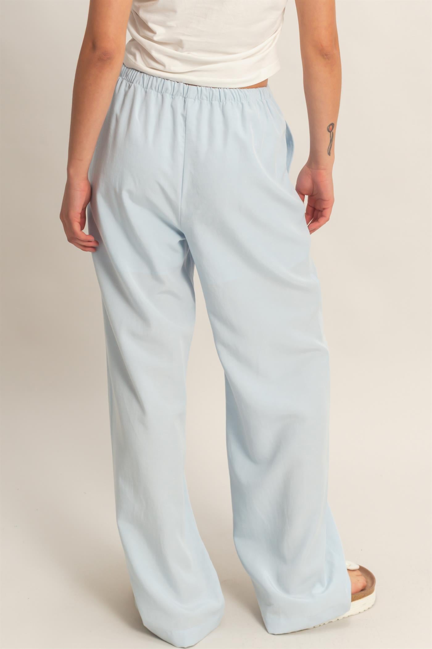 Wholesale Lyocell Linen Elastic Waist Straight Leg Pants Pants DZ26A979 ICE BLUE DOUBLE ZERO