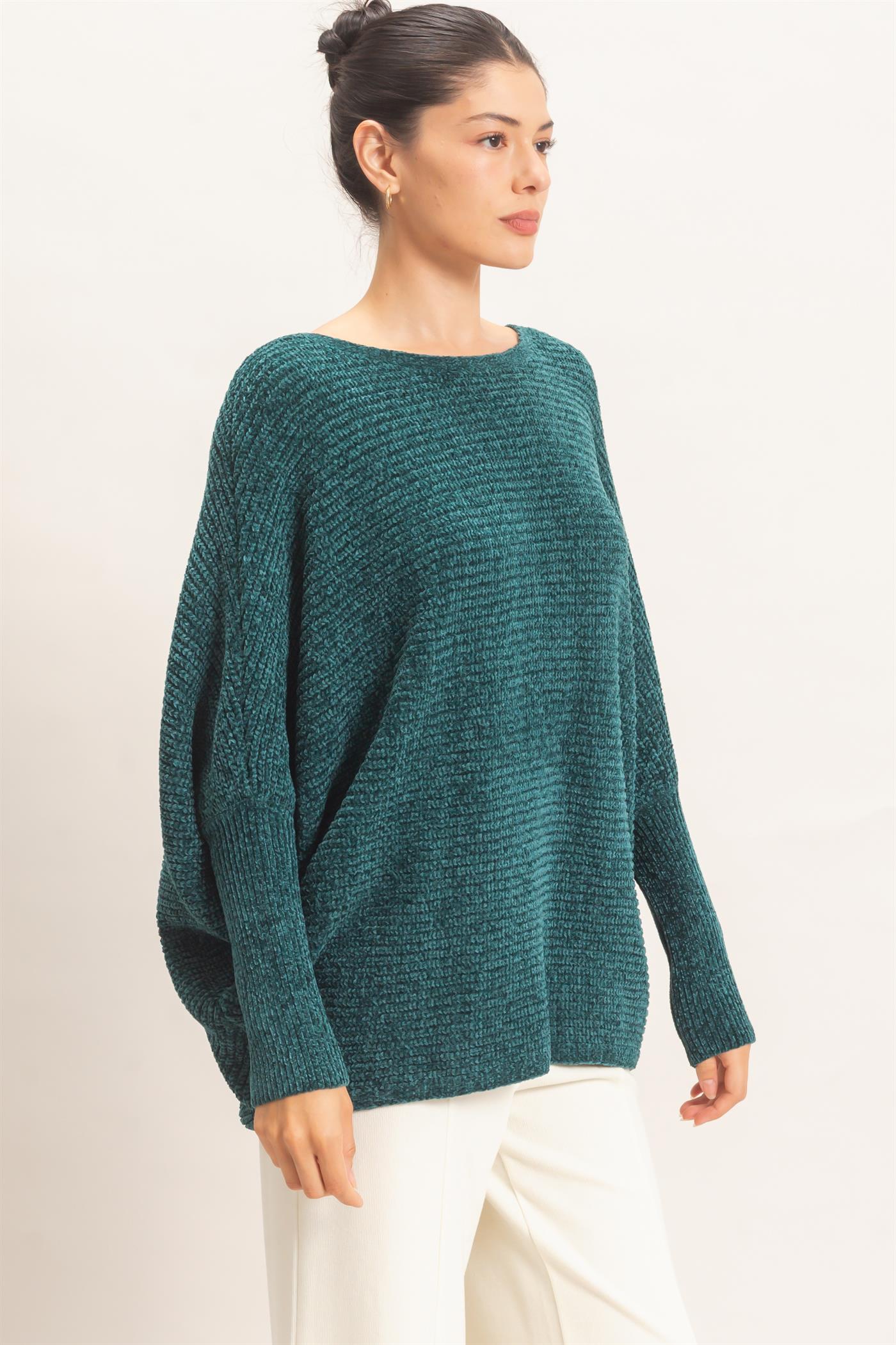 Wholesale Chenille Boat Neck Dolman Sleeve Sweater Sweaters HF26F185 D.GREEN HYFVE