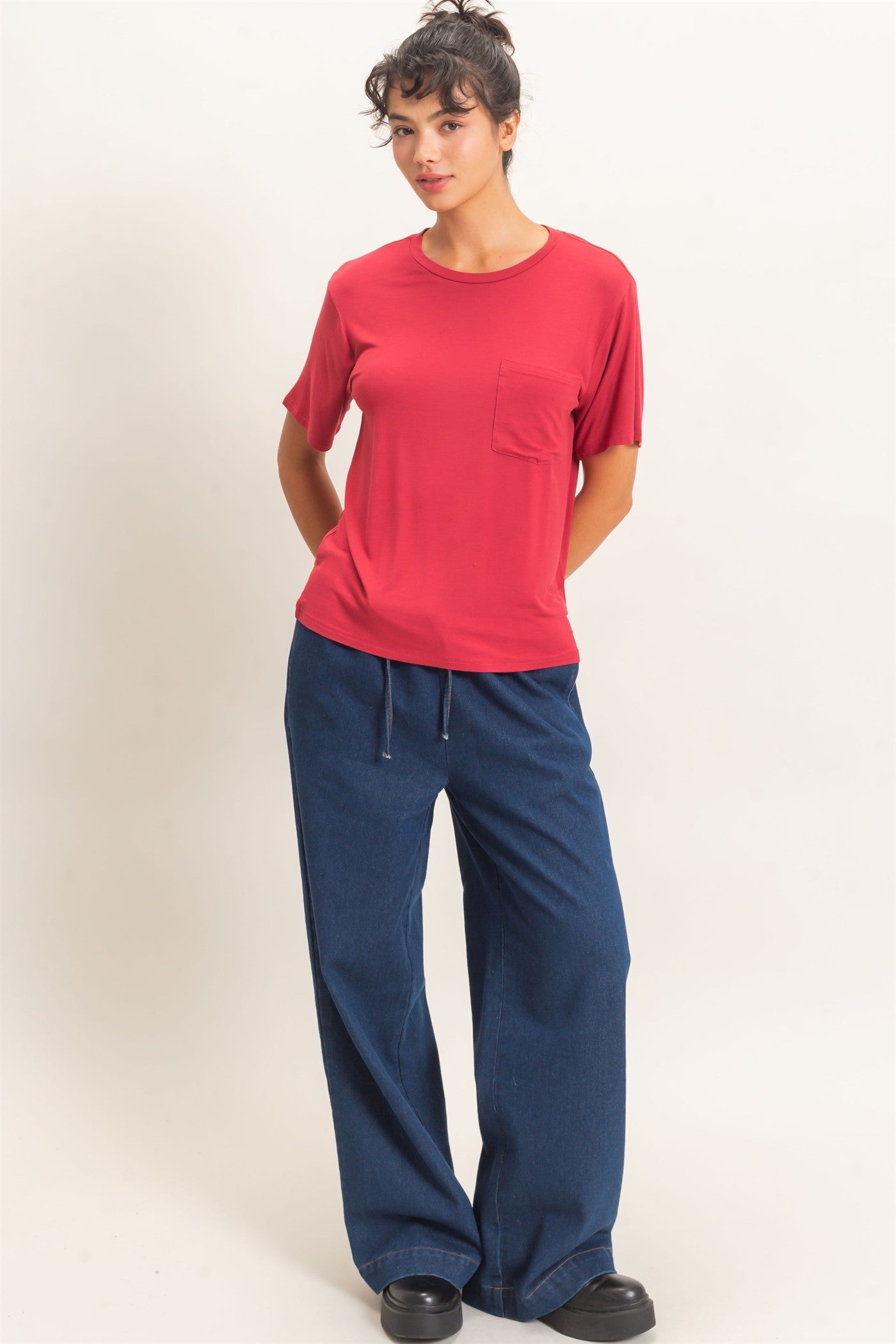 Wholesale Crew Neck Pocket Tee Clothing Tops DZ26E254 DARK RED DOUBLE ZERO