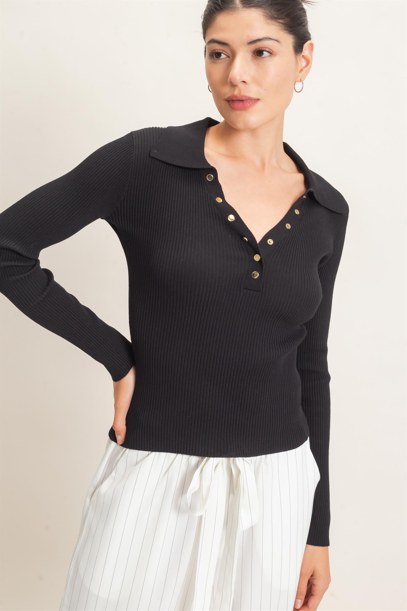 Wholesale Ribbed V-Neck Sweater With Collar Clothing Tops HF26E684 BLACK HYFVE