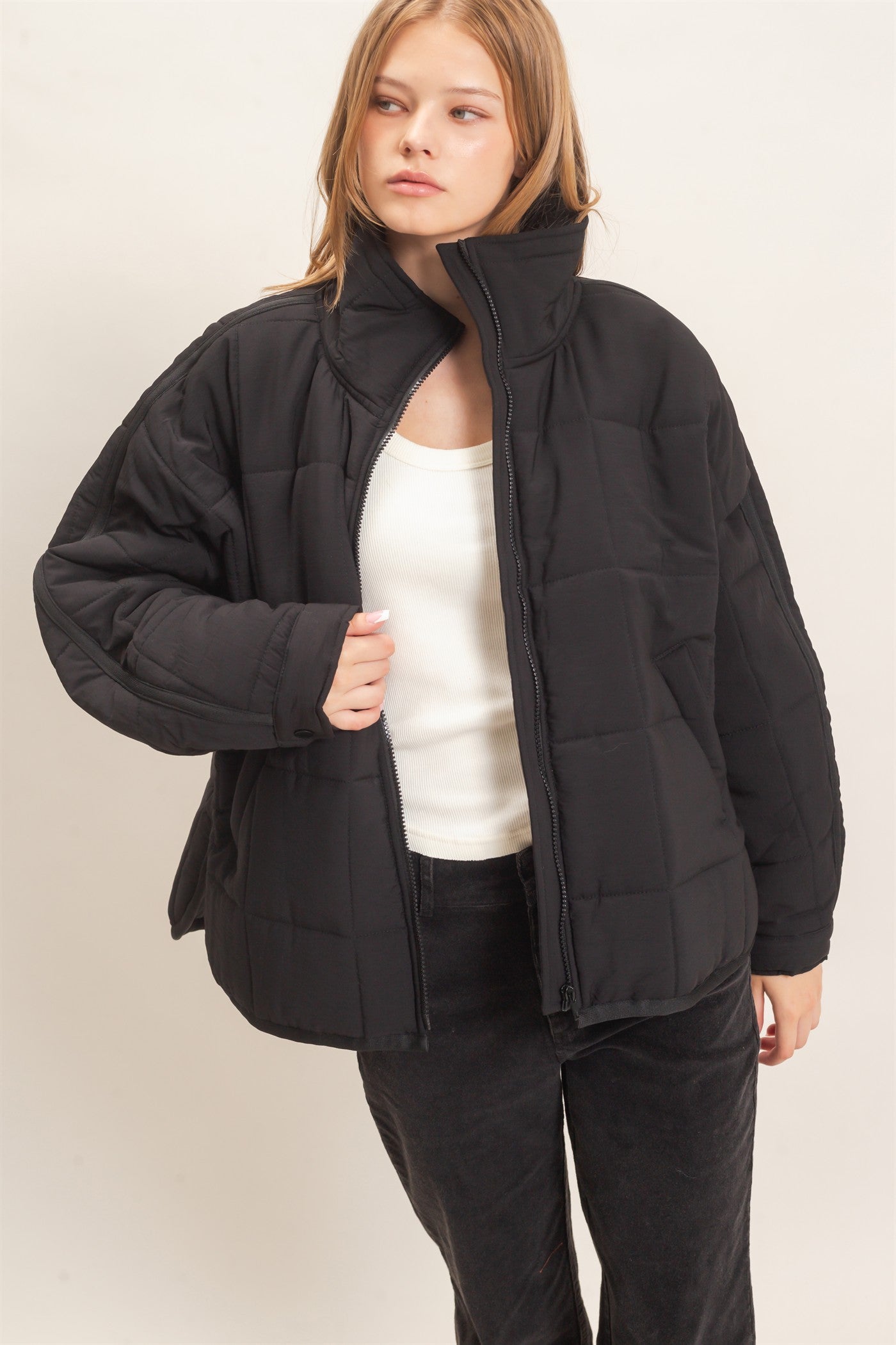 Wholesale Quilted Mock Neck Zip-Up Puffer Jacket Coats & Jackets HF26C865 BLACK HYFVE