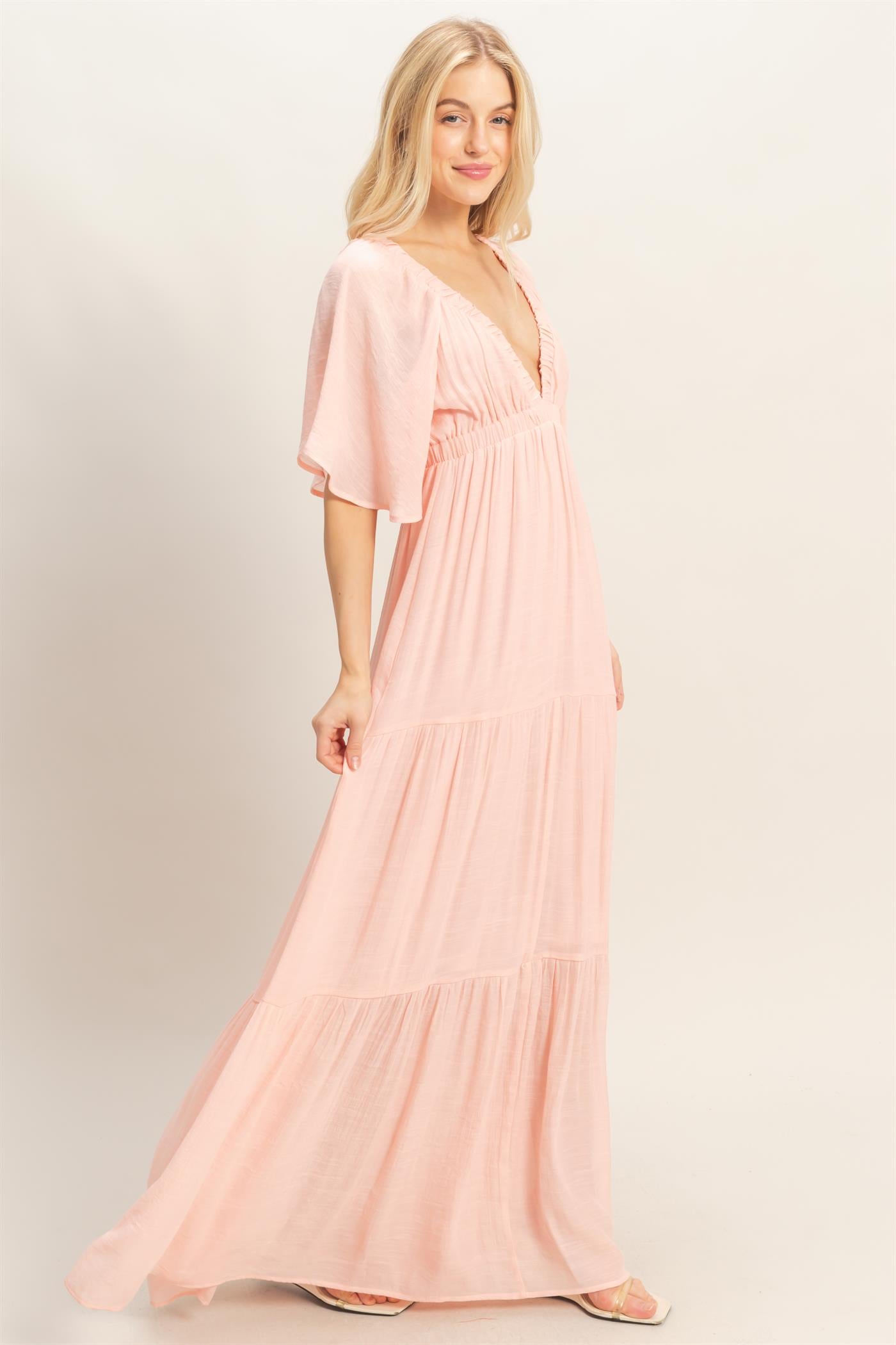 Wholesale Flutter Sleeve Maxi Dress Dresses HF26C285-D LIGHT PINK HYFVE