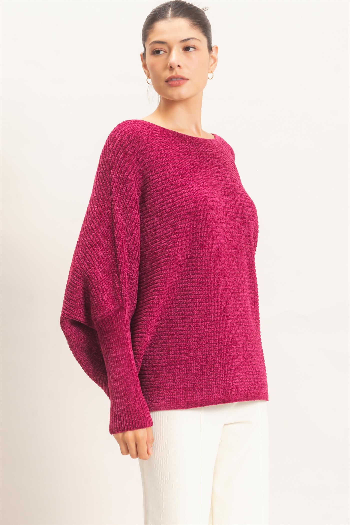 Wholesale Chenille Boat Neck Dolman Sleeve Sweater Sweaters HF26F185 BURGUNDY HYFVE