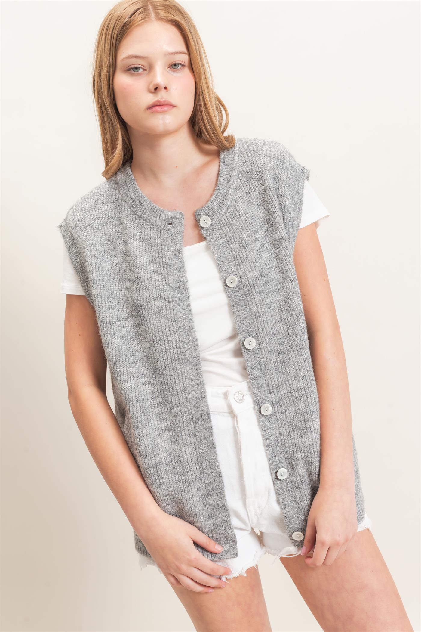 Wholesale Sleeveless Button-Up Sweater Vest Sweaters HF26E304 HEATHER GRAY HYFVE