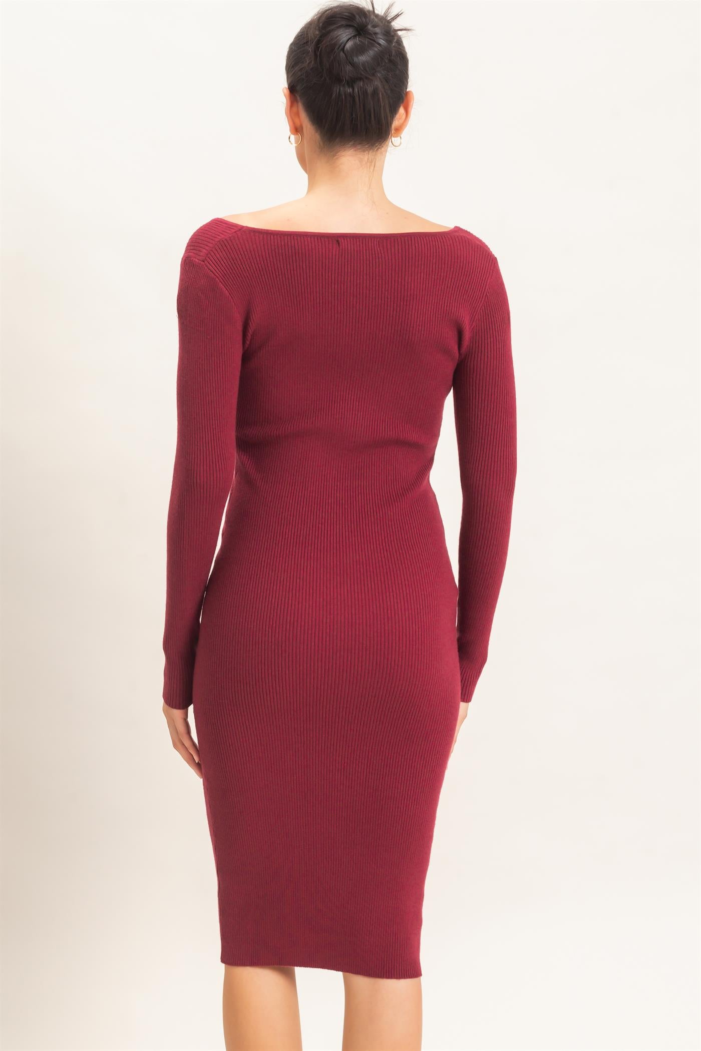 Wholesale Ribbed V-Neck Long Sleeve Dress Dresses HF26E217 RUBY WINE HYFVE