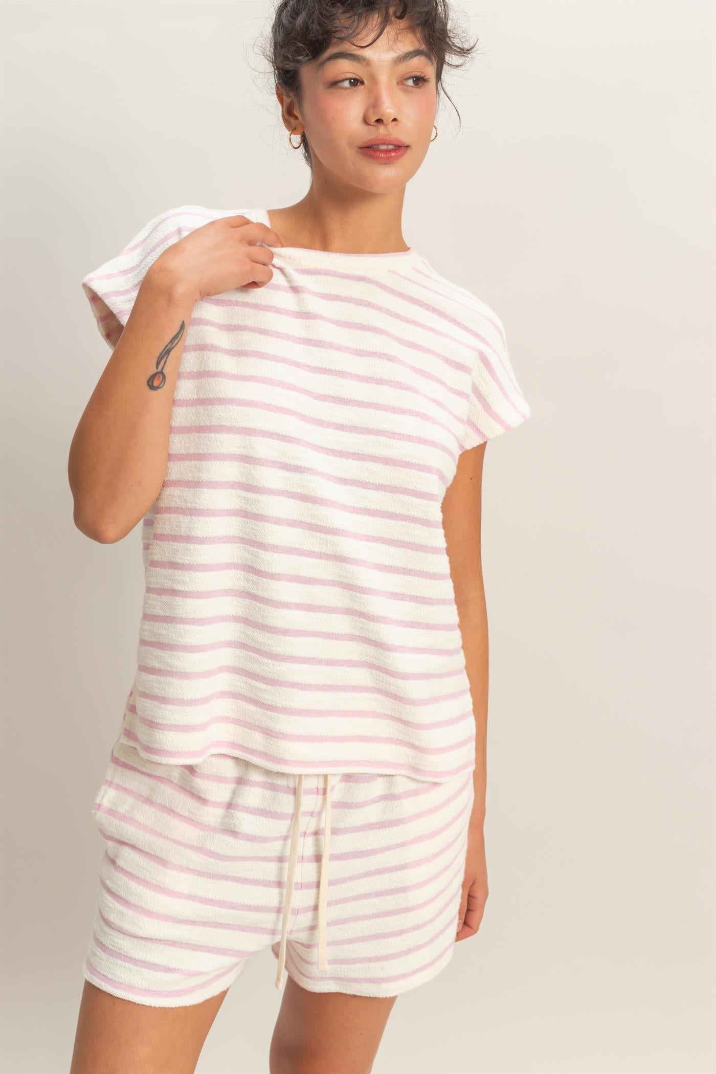 Wholesale Striped Round Neck Short Sleeve Top Clothing Tops DZ26A754 PINK DOUBLE ZERO