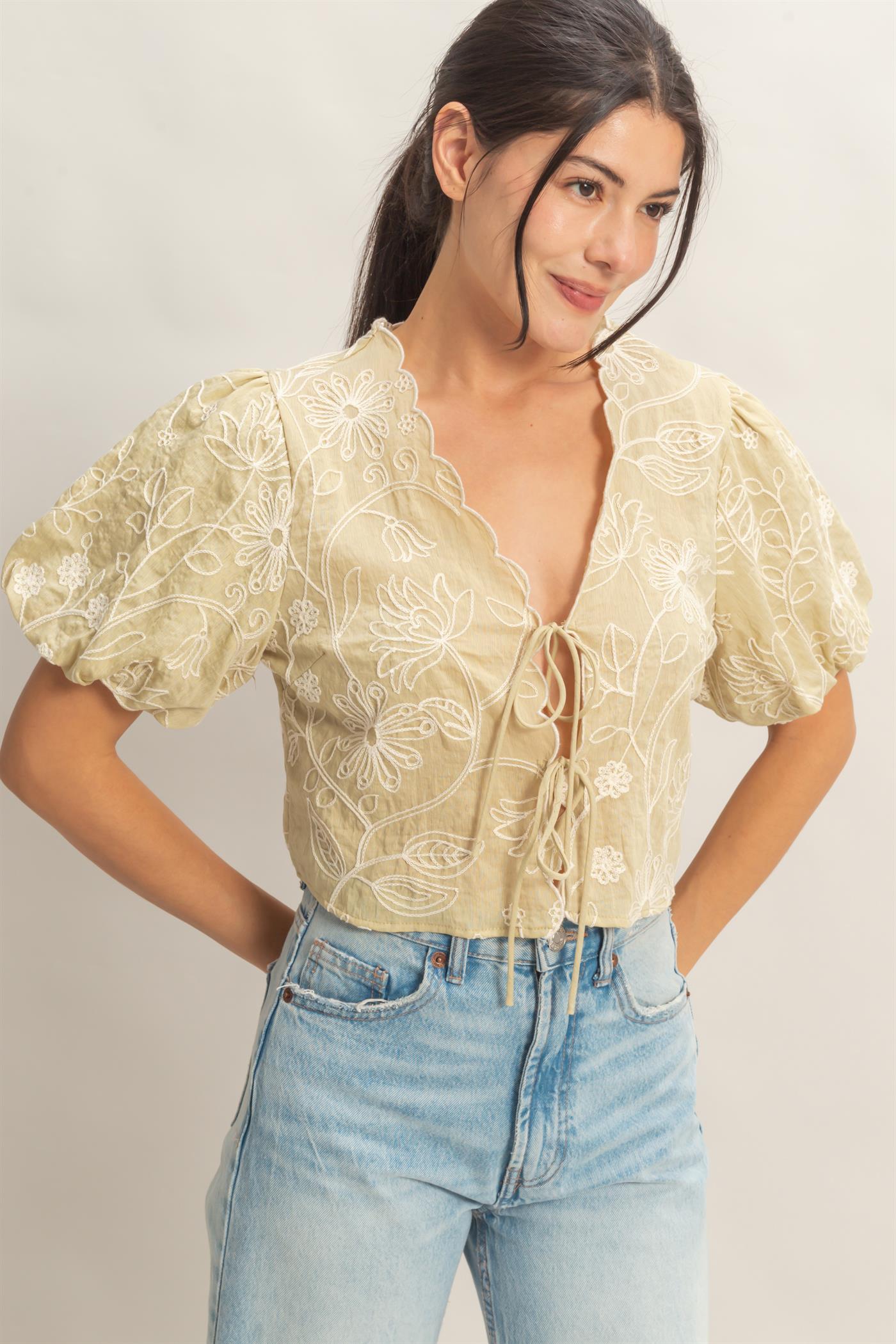 Wholesale Floral Embroidered Tie-Front Top Blouses HF26C556-D LIGHT SAGE HYFVE