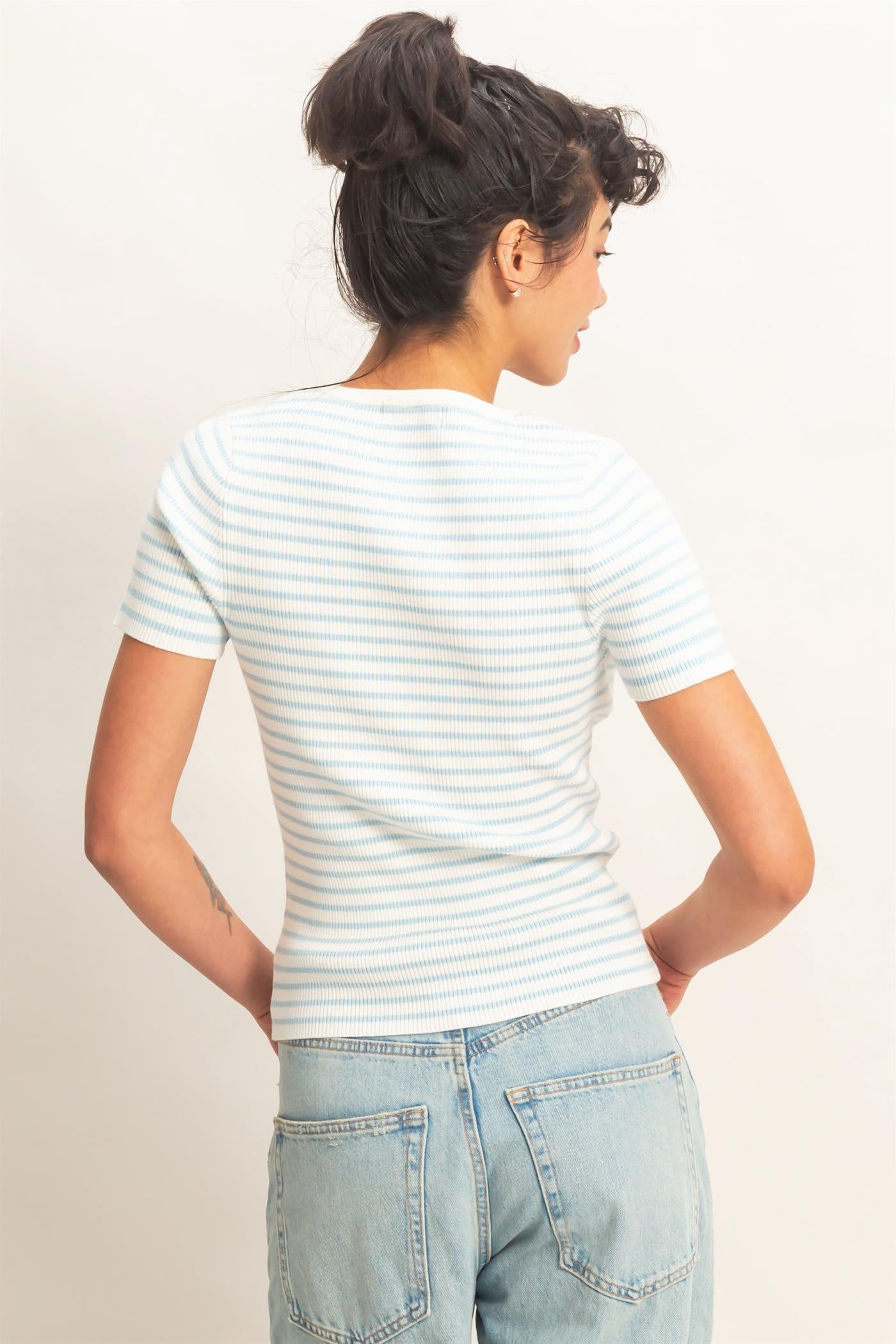 Wholesale Striped Ribbed Short Sleeve Crew Neck Knit Top Clothing Tops DZ26A450 ICE BLUE DOUBLE ZERO