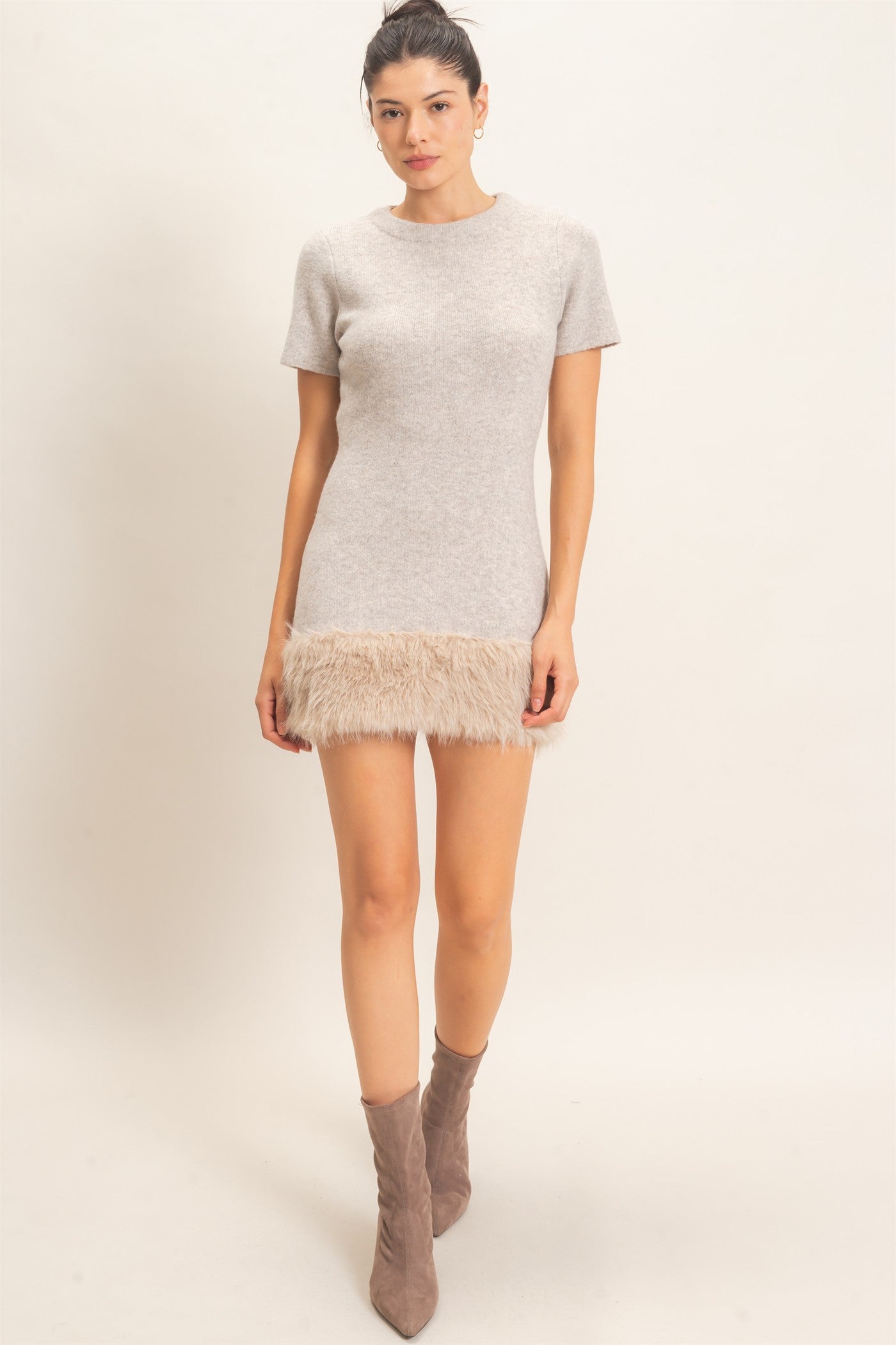 Wholesale Faux Fur Trim Knit Dress Dresses HF26E785-D BEIGE HYFVE