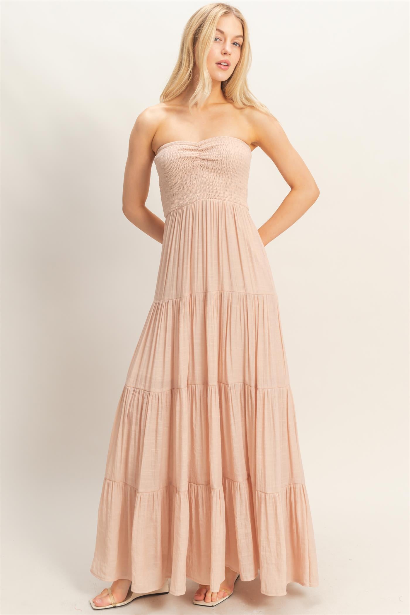 Wholesale Smocked Elastic Neck Maxi Dress Dresses HF26C284-D ALMOND HYFVE