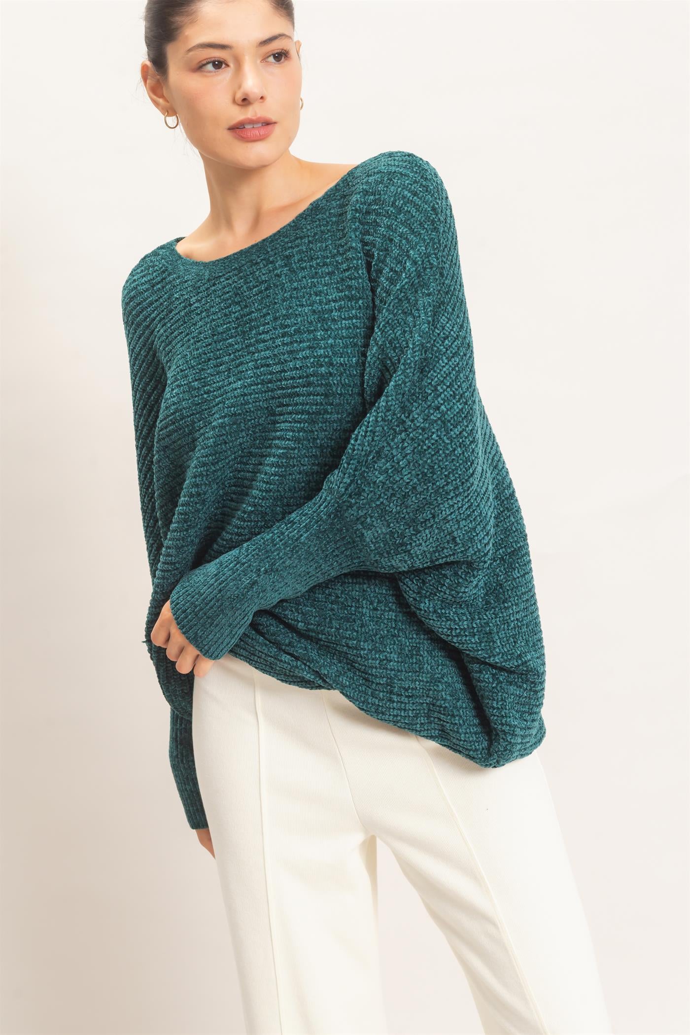 Wholesale Chenille Boat Neck Dolman Sleeve Sweater Sweaters HF26F185 D.GREEN HYFVE