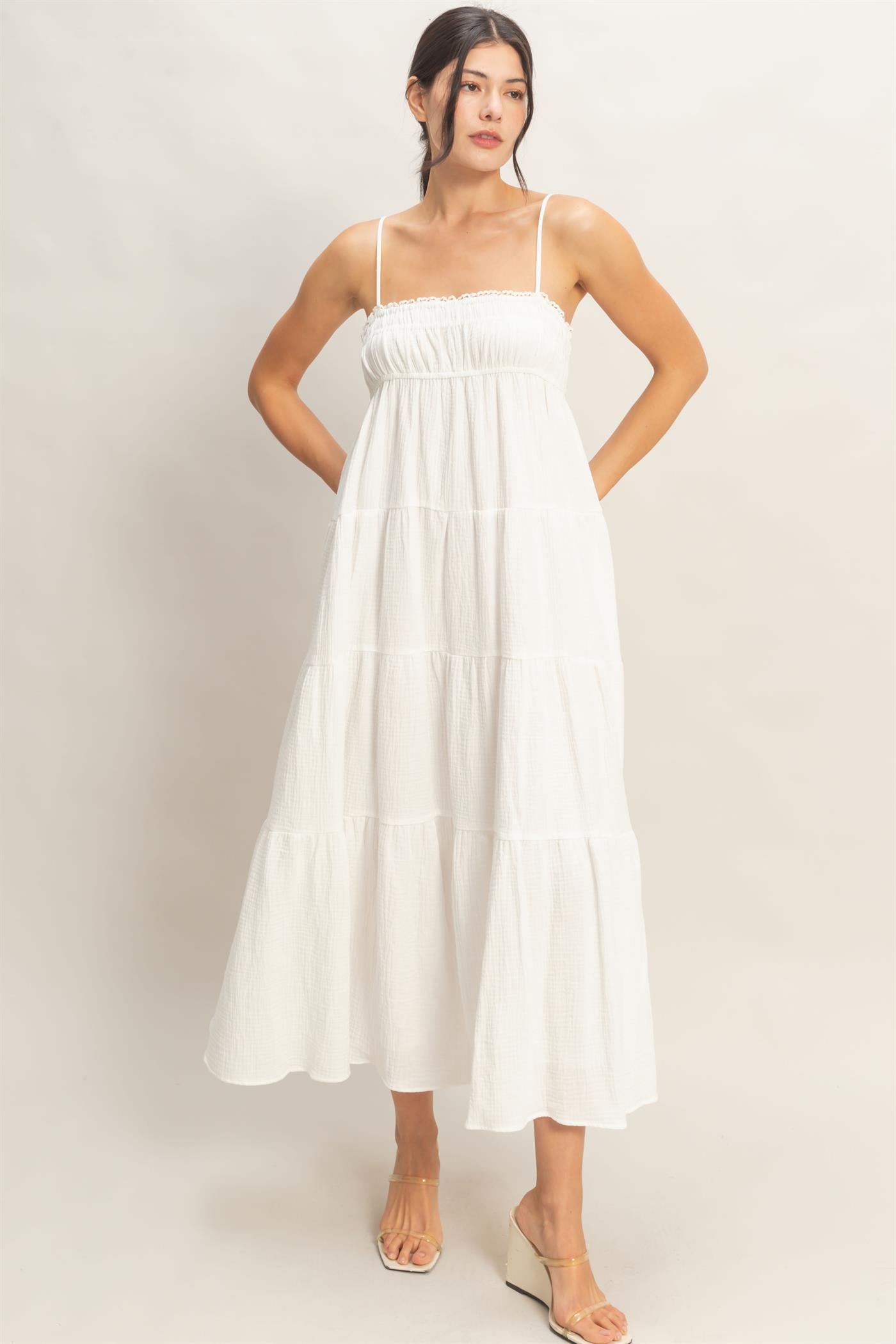 Wholesale Smocked Tiered Maxi Dress Dresses HF26C303 OFF WHITE HYFVE