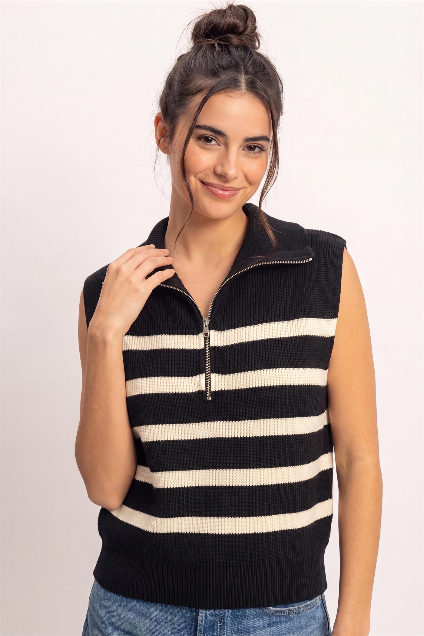 Wholesale Half-Zip Sleeveless Stripe Sweater Sweaters DZ26E951 BLACK DOUBLE ZERO