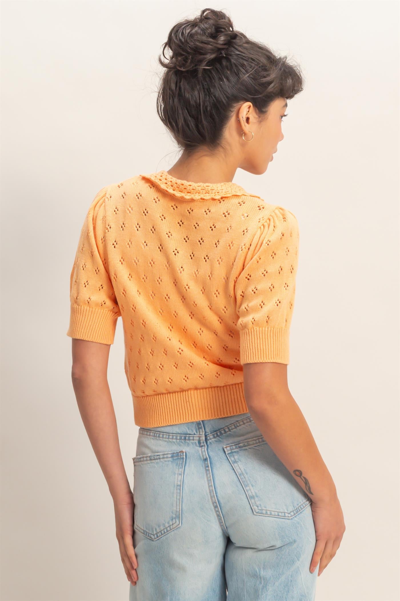 Wholesale Pointelle Collar Button-Up Puff Sleeve Knit Top Clothing Tops DZ26A748 APRICOT HYFVE