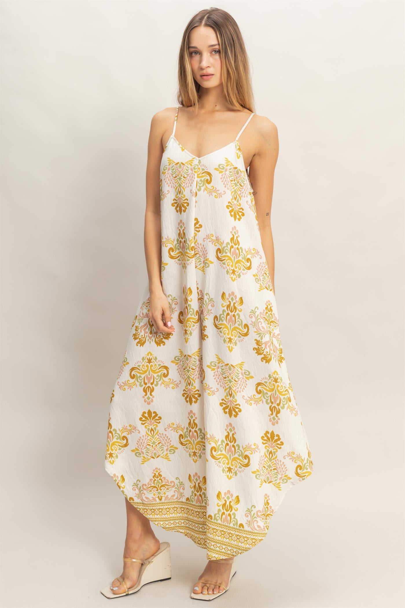 Wholesale Floral Print Spaghetti Jumpsuit Clothing HF26C357-D MUSTARD HYFVE