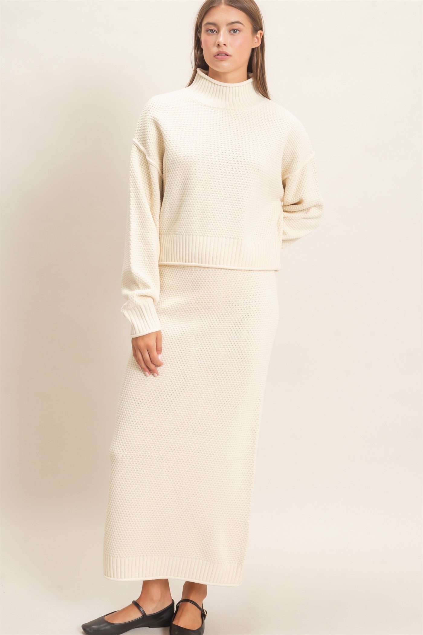 Wholesale High Neck Long Sleeve Top & Maxi Skirt Set Clothing DZ26E272-SET CREAM DOUBLE ZERO