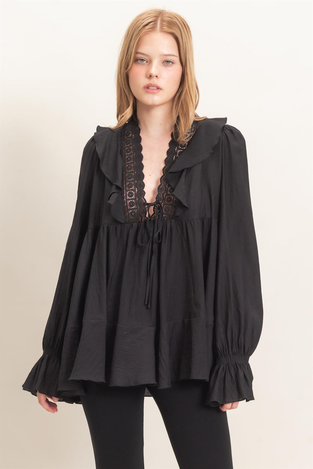 Ruffle Lace Tie Neck Blouse – HYFVE