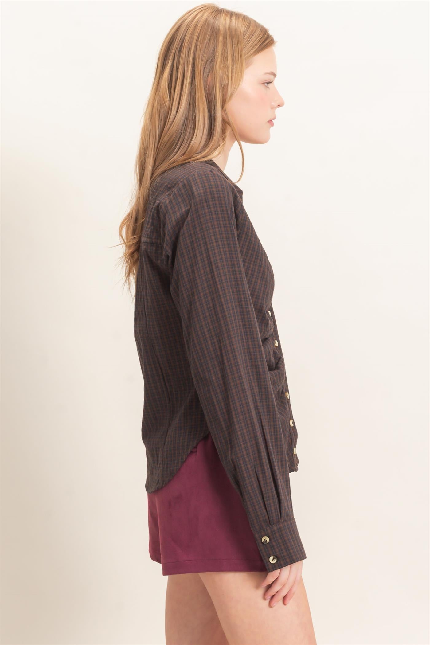Wholesale Ruched Button-Down Shirt Blouses HF26E348 BROWN HYFVE