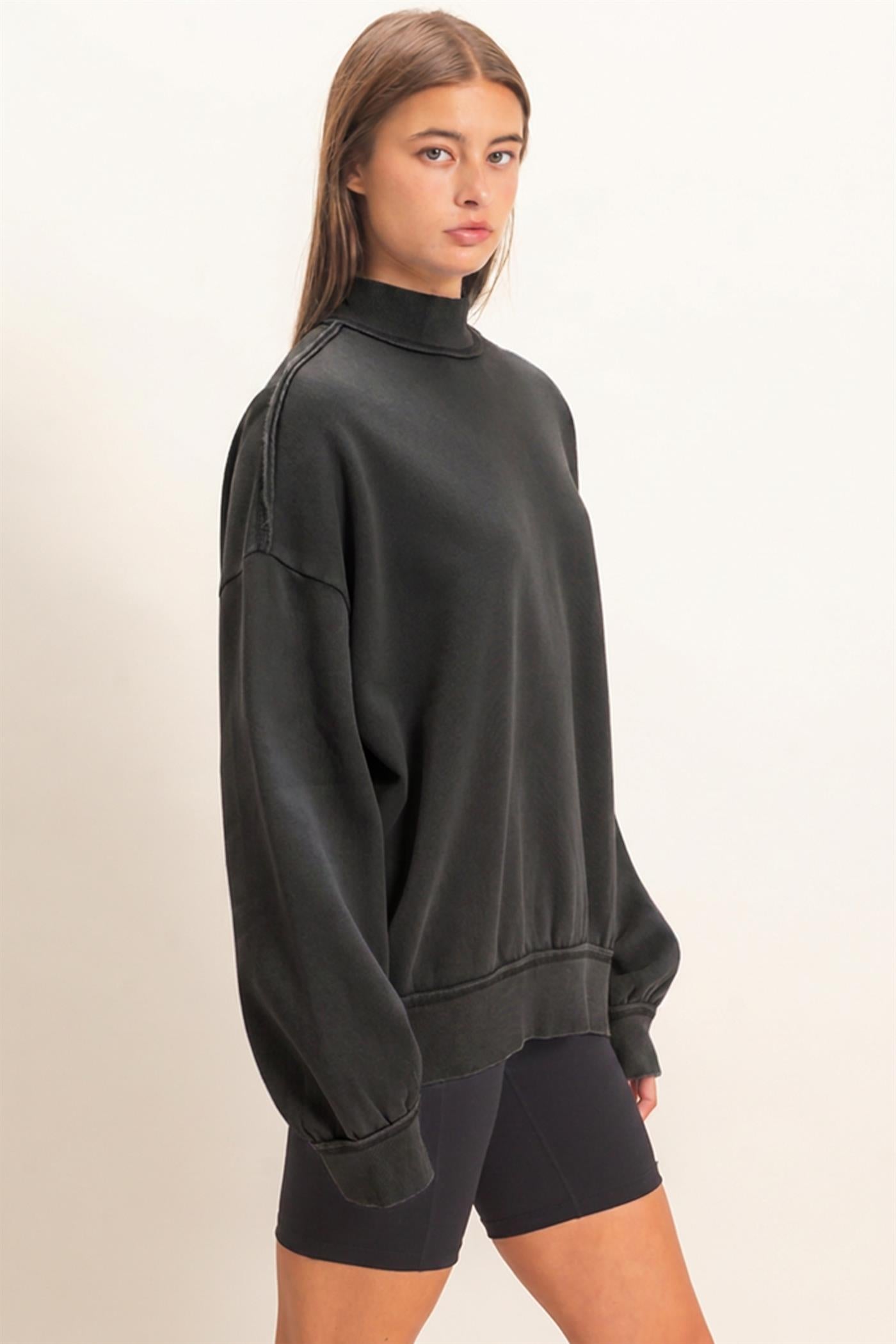 Wholesale Acid Washed Mock Neck Sweatshirt Sweatshirts DZ26E656 BLACK DOUBLE ZERO
