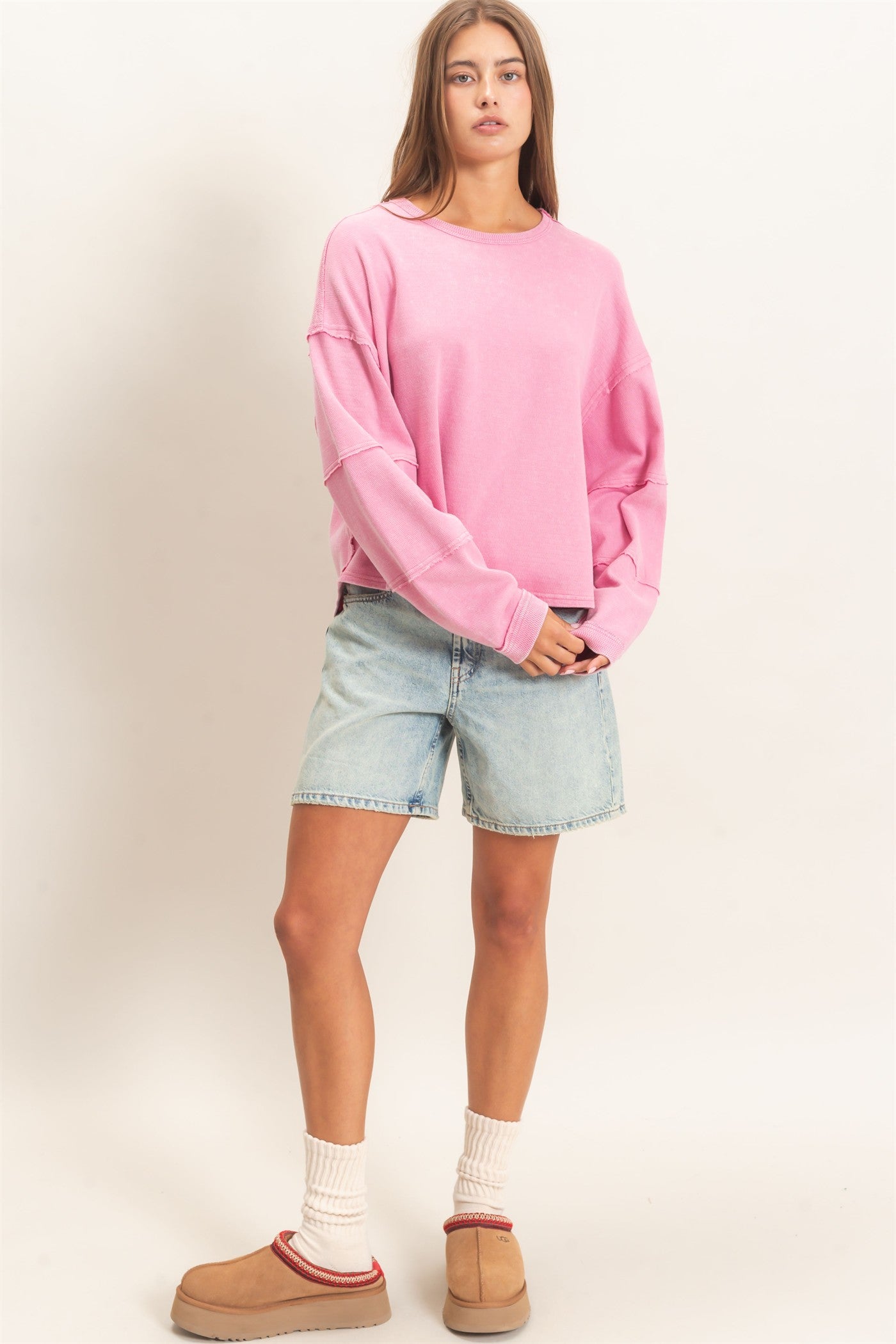 Wholesale Mineral Wash Overzised Raw Edge Crew Neck Top Clothing Tops DZ26E449 PINK DOUBLE ZERO