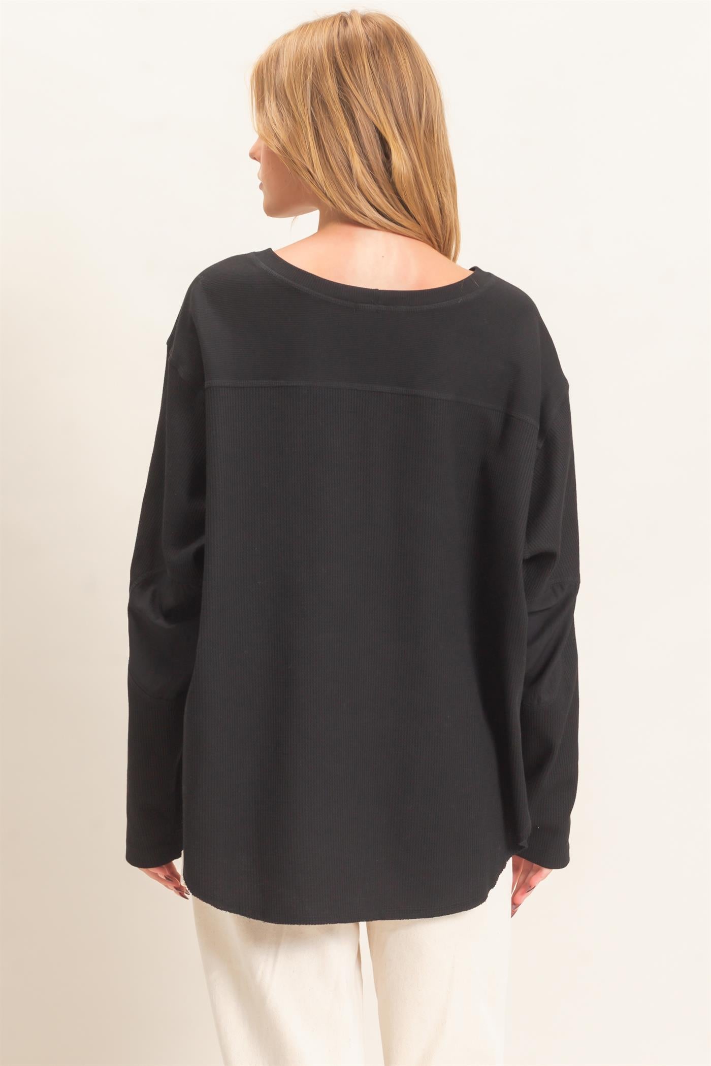 Wholesale Waffle Knit Crew Neck Top Clothing Tops HF26E078 BLACK HYFVE
