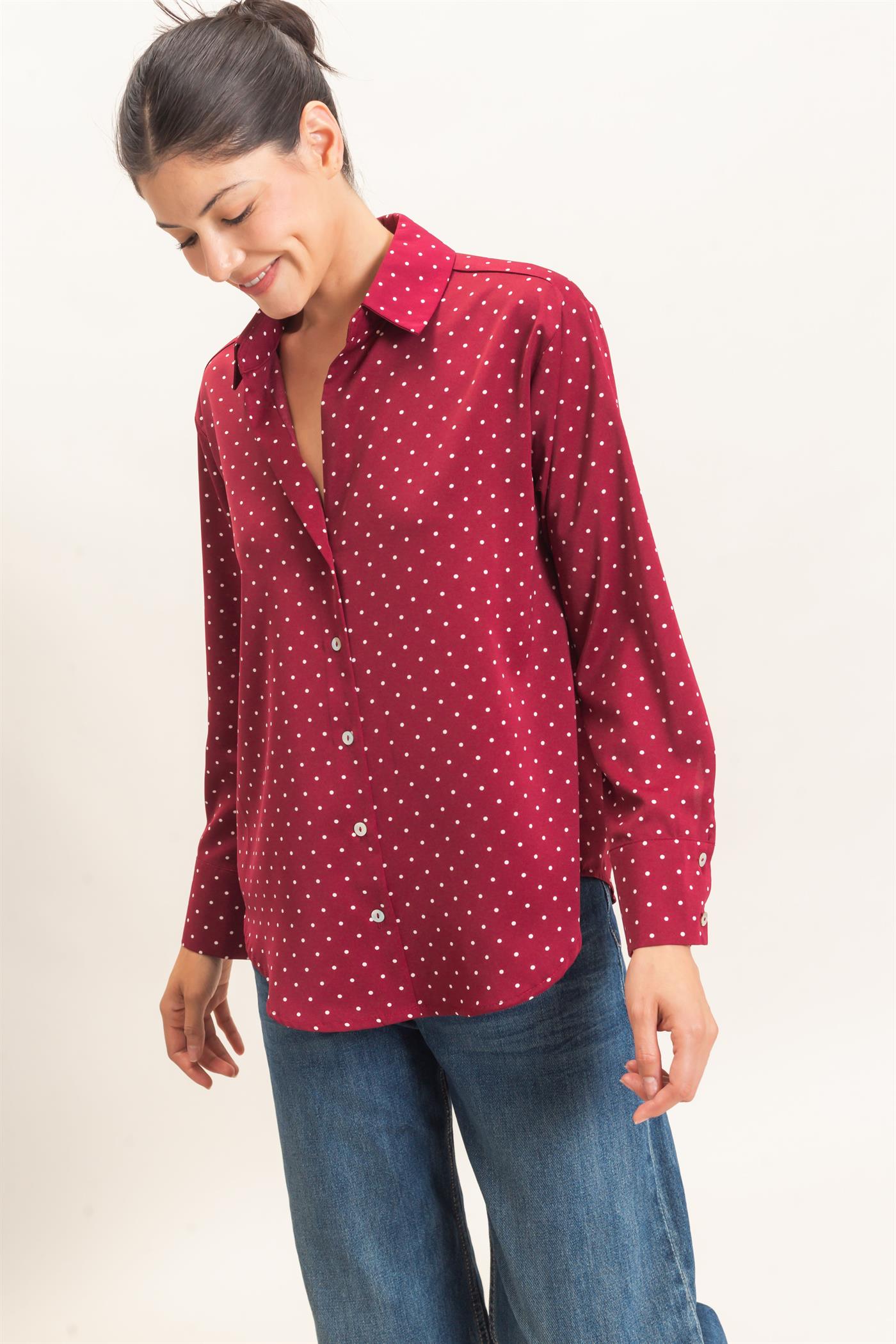 Wholesale Button-Up Polka Dot Shirt Shirts HF26F401 BURGUNDY HYFVE