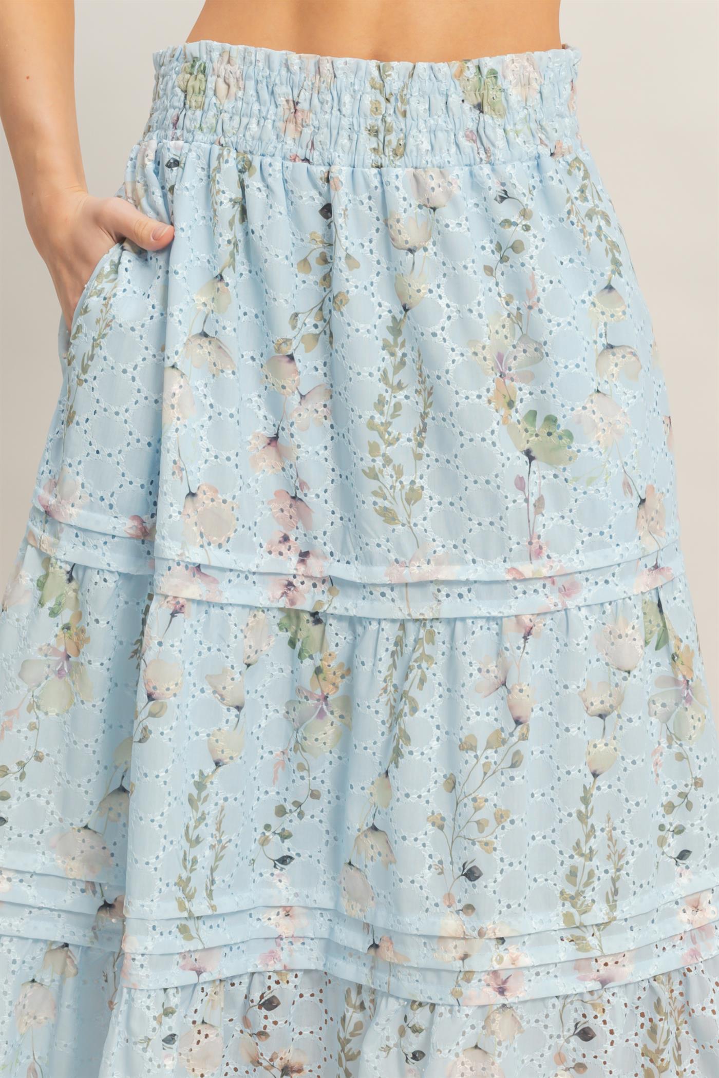 Wholesale Floral Smocked Waist Skirt Skirts HF26A361-D BLUE HYFVE