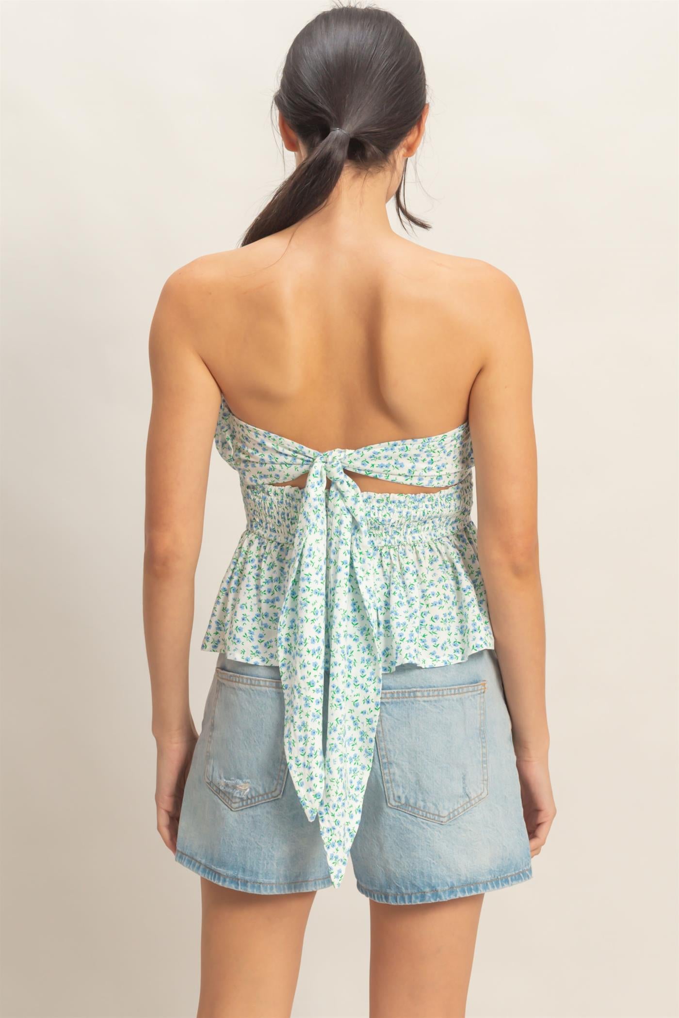 Wholesale Floral Strapless Smocked Top Shirts HF26A868 BLUE HYFVE