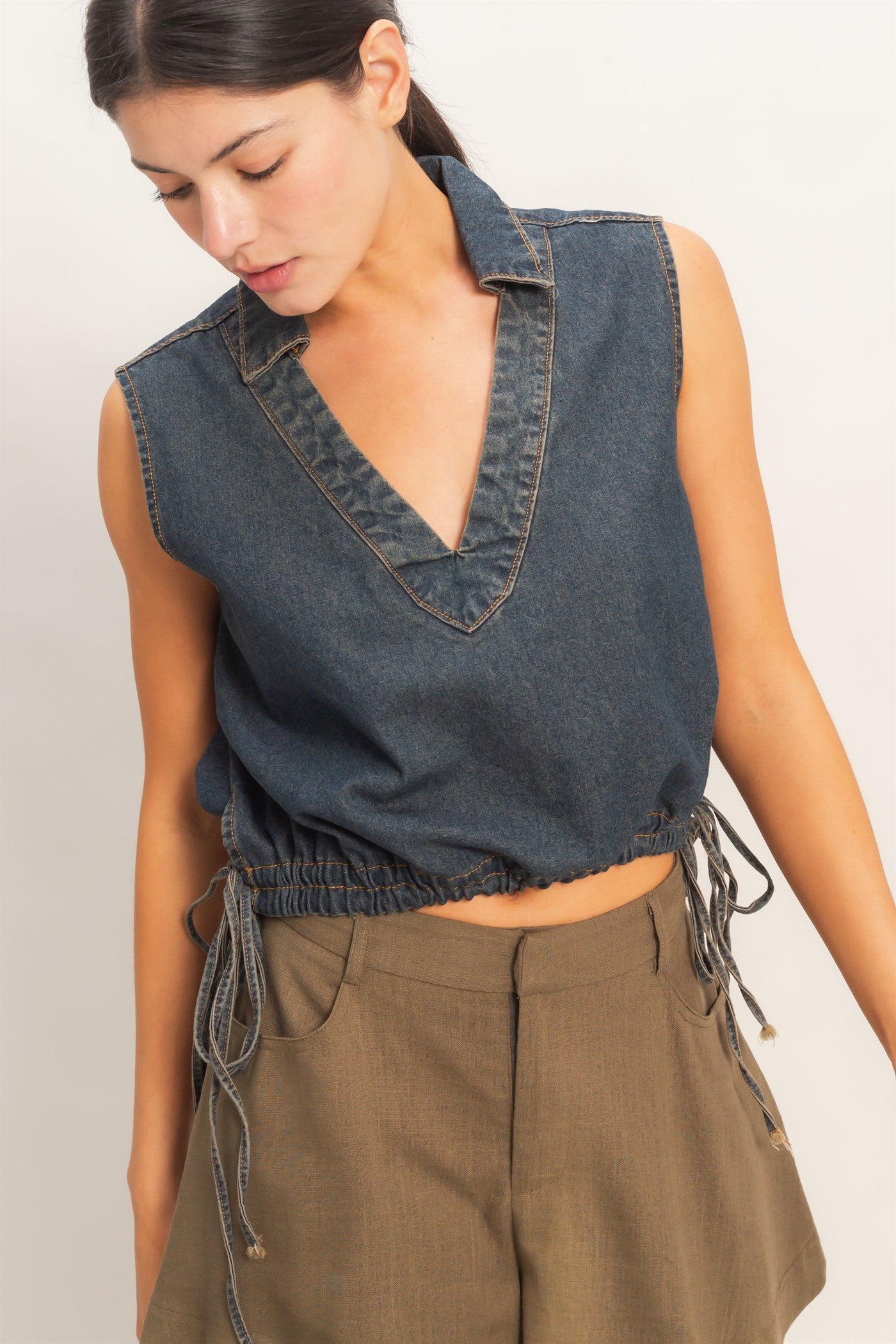 Wholesale Collared V-Neck Drawstring Tank Clothing Tops HF26C220 DARK BLUE HYFVE