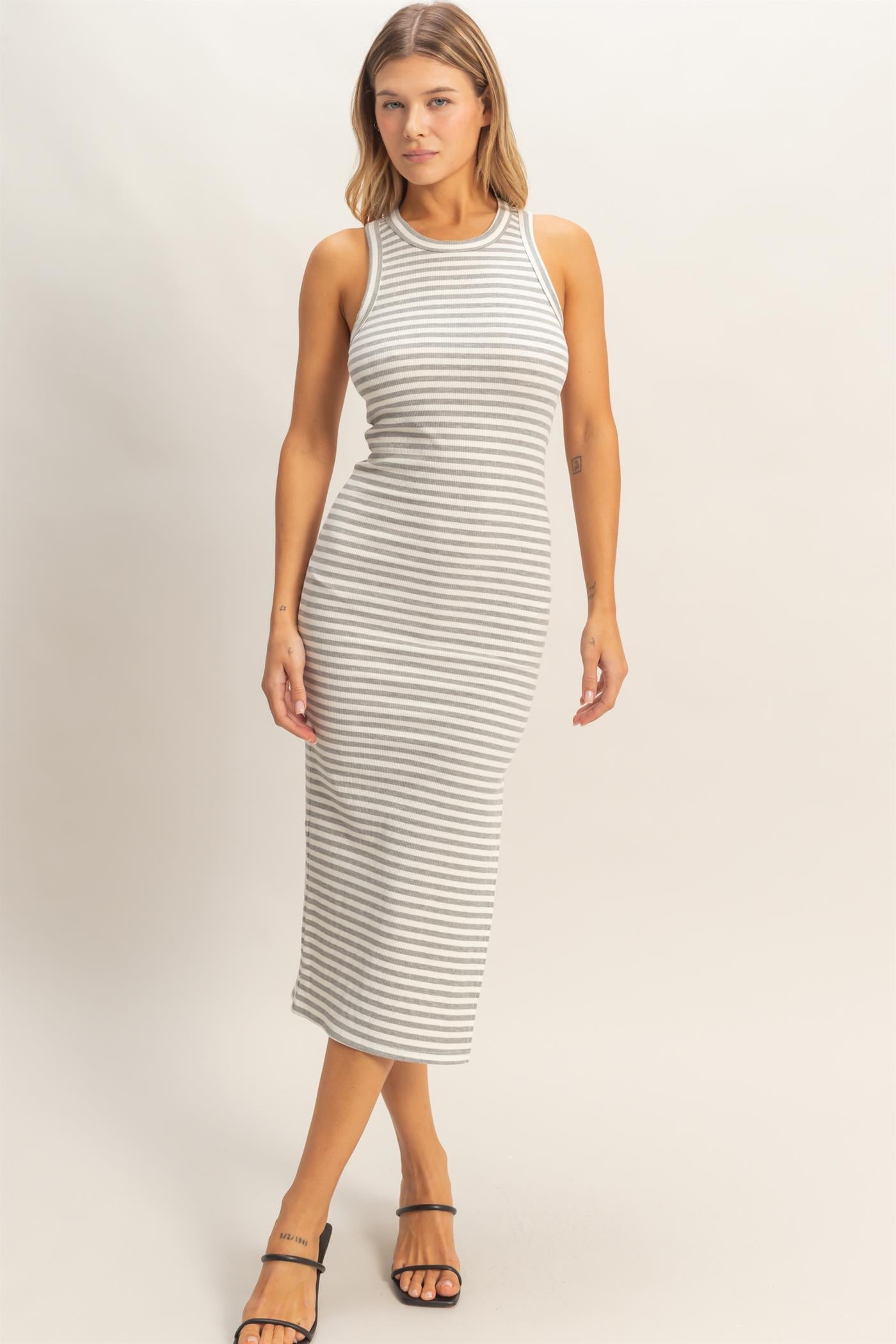 Wholesale Striped Ribbed Tank Dress Dresses HF26E430-D HEATHER GRAY DOUBLE ZERO