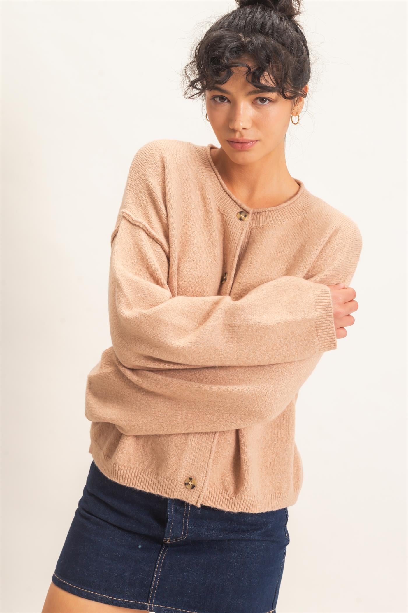 Wholesale Crew Neck Loose Fit Cardigan Cardigans DZ26E269 DARK TAUPE DOUBLE ZERO