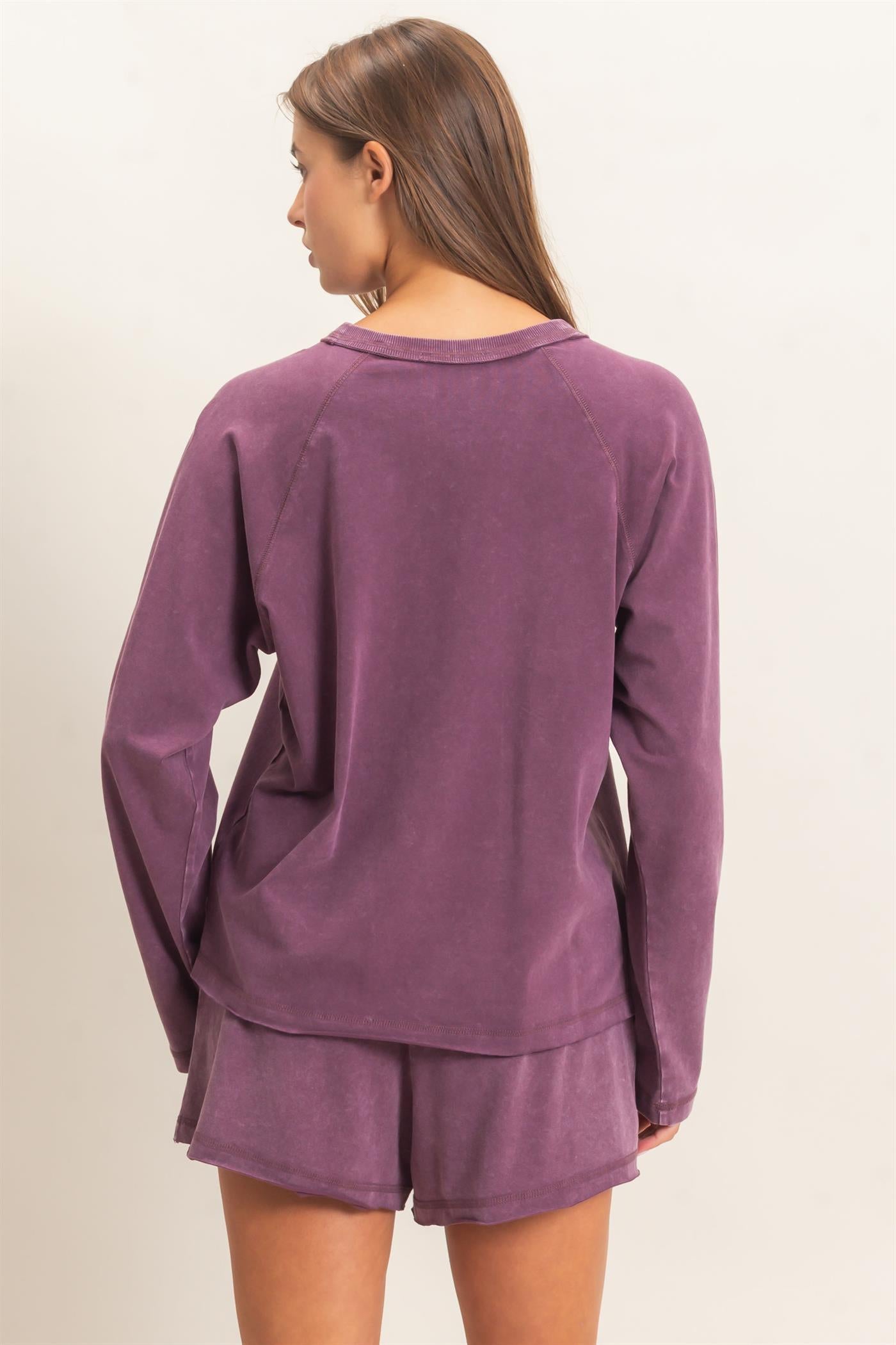 Wholesale Mineral Wash Long Sleeve Raw Edge Top & Shorts Set Clothing DZ26F403-SET DARK CHERRY DOUBLE ZERO