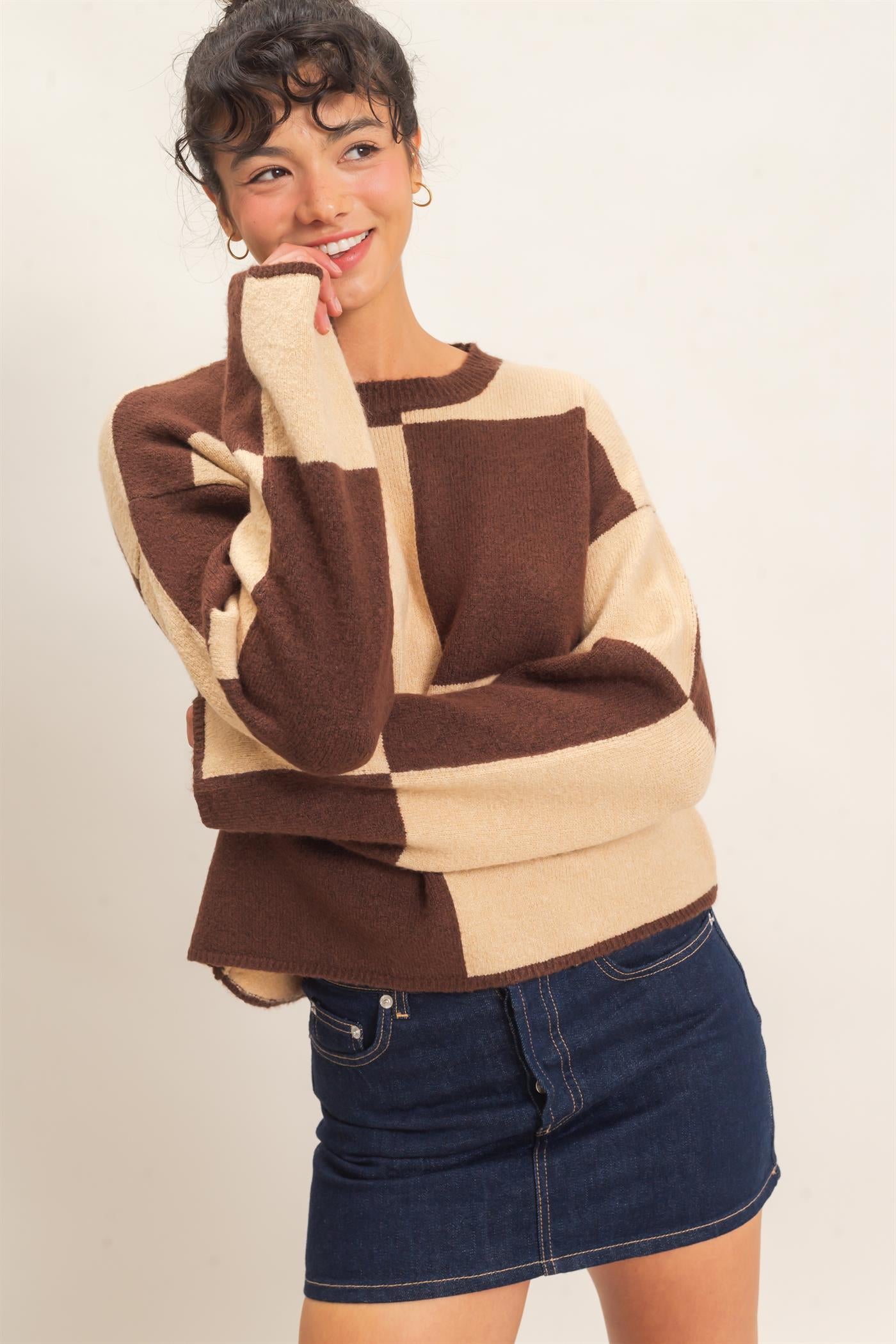 Wholesale Crew Neck Checkered Sweater Sweaters DZ26C980 DARK BROWN DOUBLE ZERO