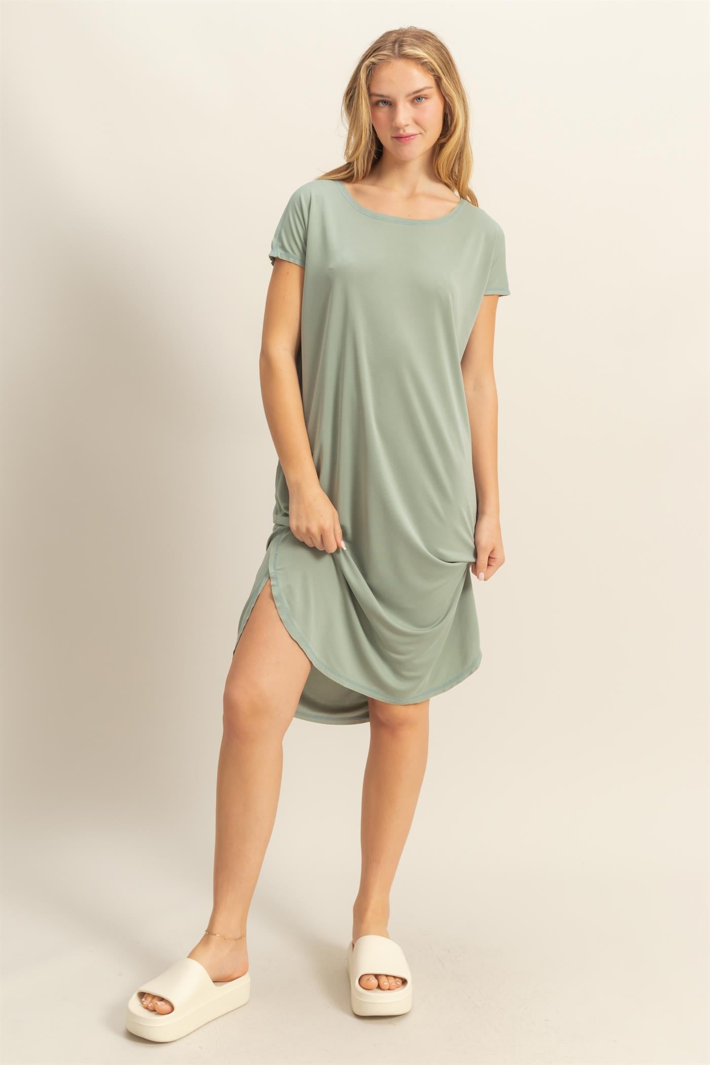 Wholesale Soft High Low Midi Dress  With Round Hem Dresses DZ25E307 SAGE GREEN DOUBLE ZERO
