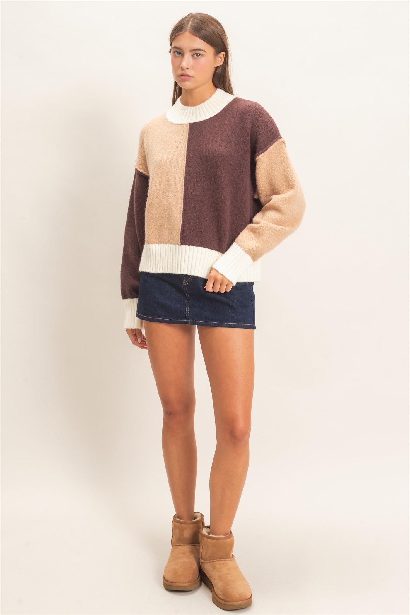 Wholesale Color Block Mock Neck Sweater Sweaters DZ27A211 BROWN DOUBLE ZERO